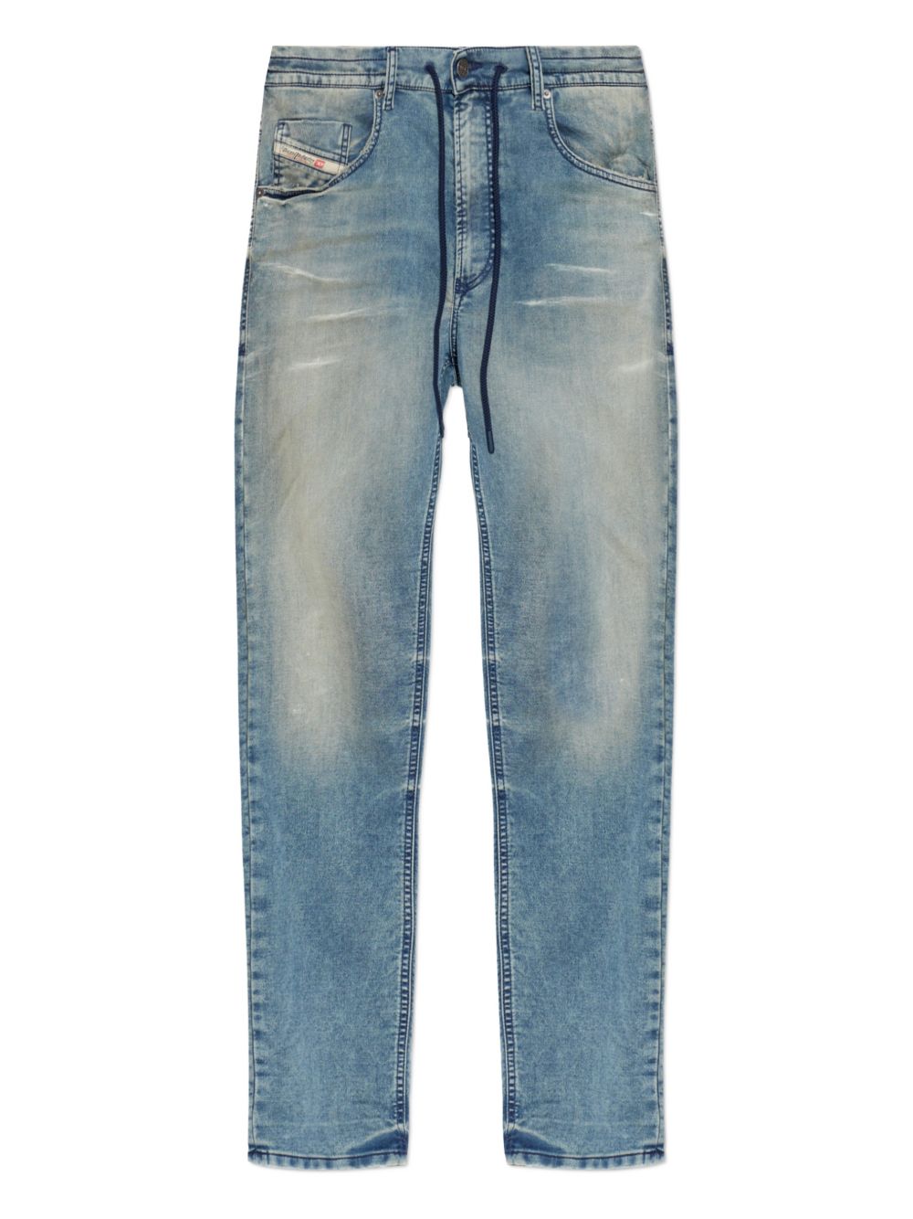 Faded Blue Drawstring-Fastening Jeans With Five Pockets