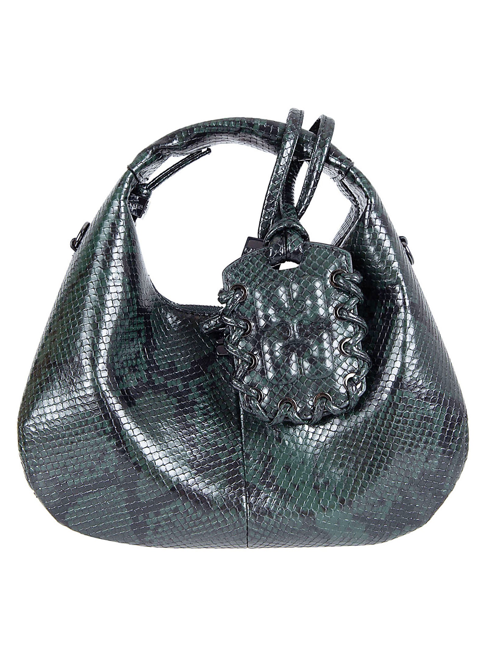 Compact Textured Bag with Glossy Snake Finish and Signature Logo