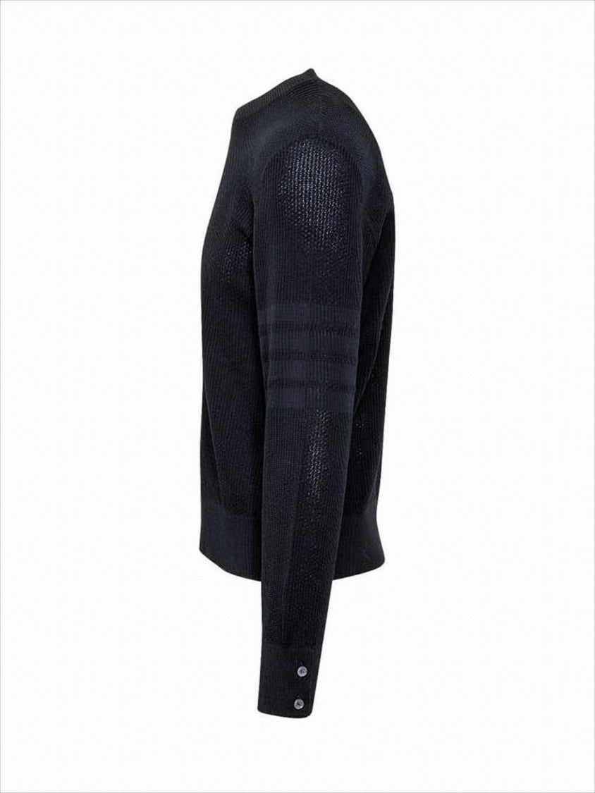 Black Structured Knit Sweater With Buttoned Cuffs