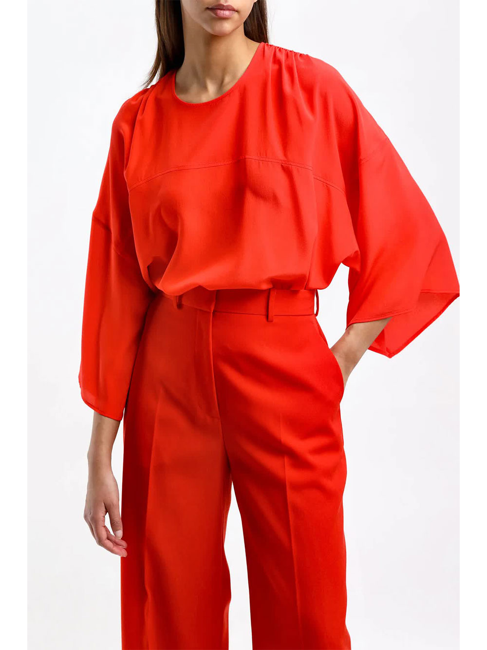 Red Round Neck Fluid Silk Top