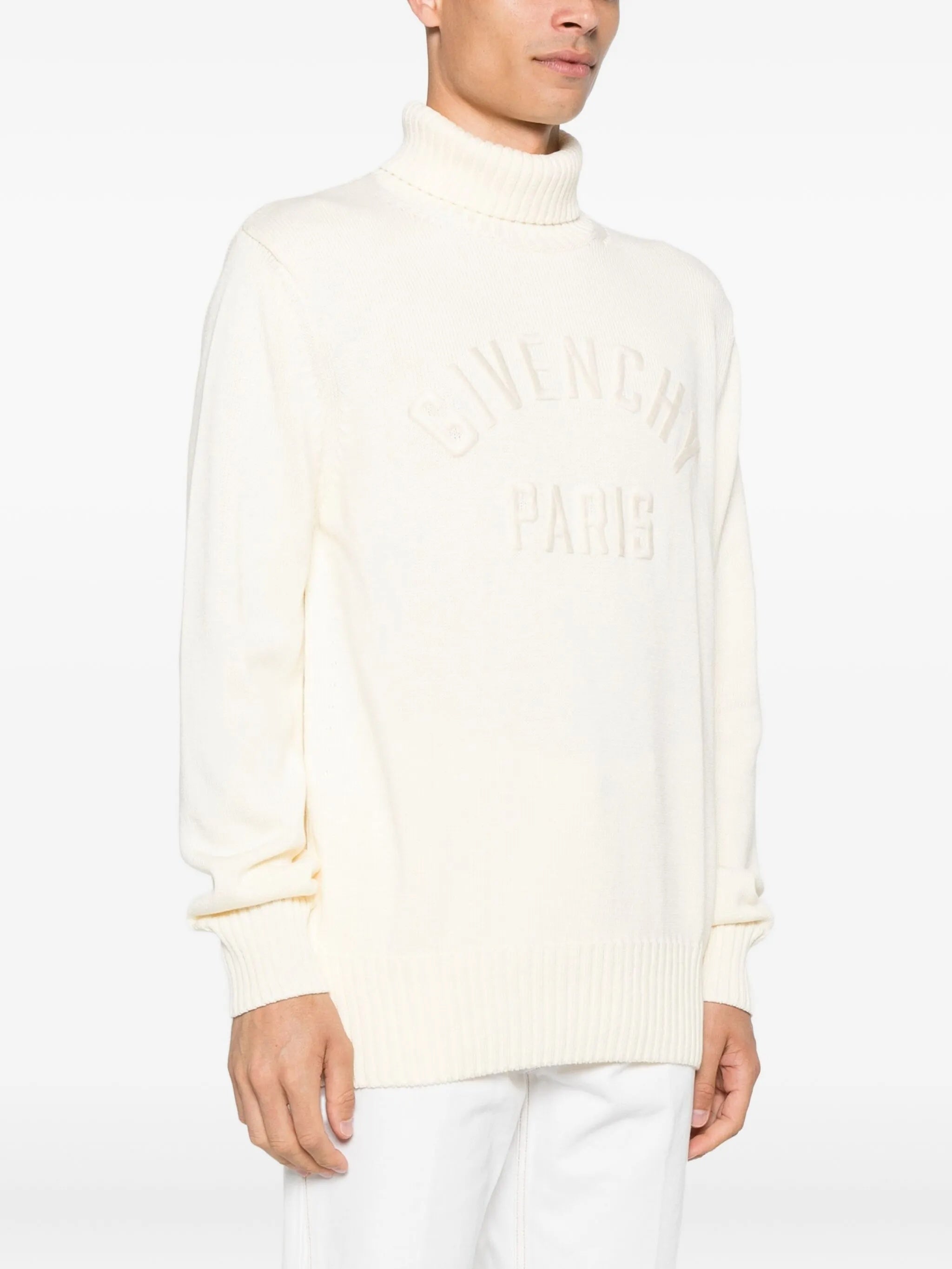 Off-White Ribbed Knit Embossed Turtleneck Sweater