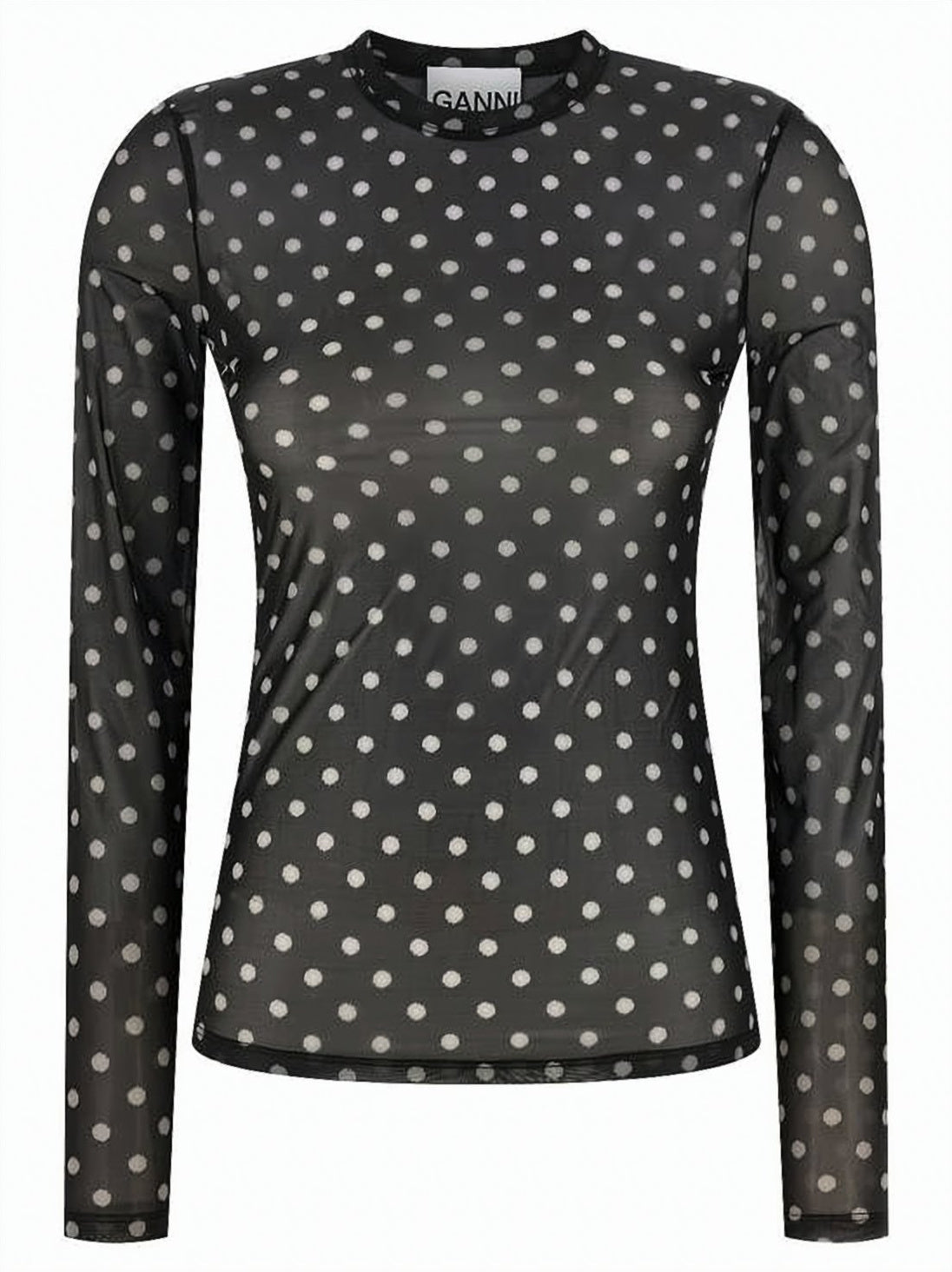 Sheer Long-Sleeve Top with All-Over Polka Dot Pattern