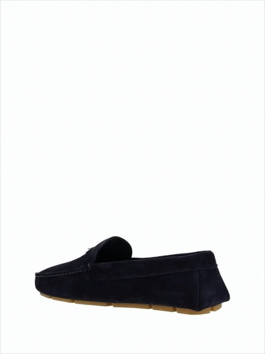 Black Suede Loafers with Metallic Triangle Emblem by Prada