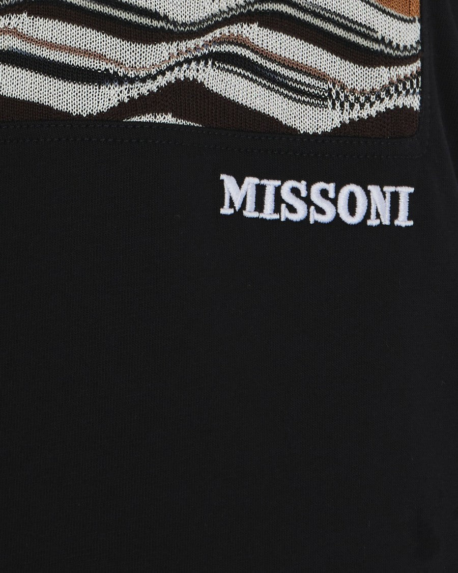 Black Cotton Jersey T-Shirt With Wave-Patterned Knit Insert