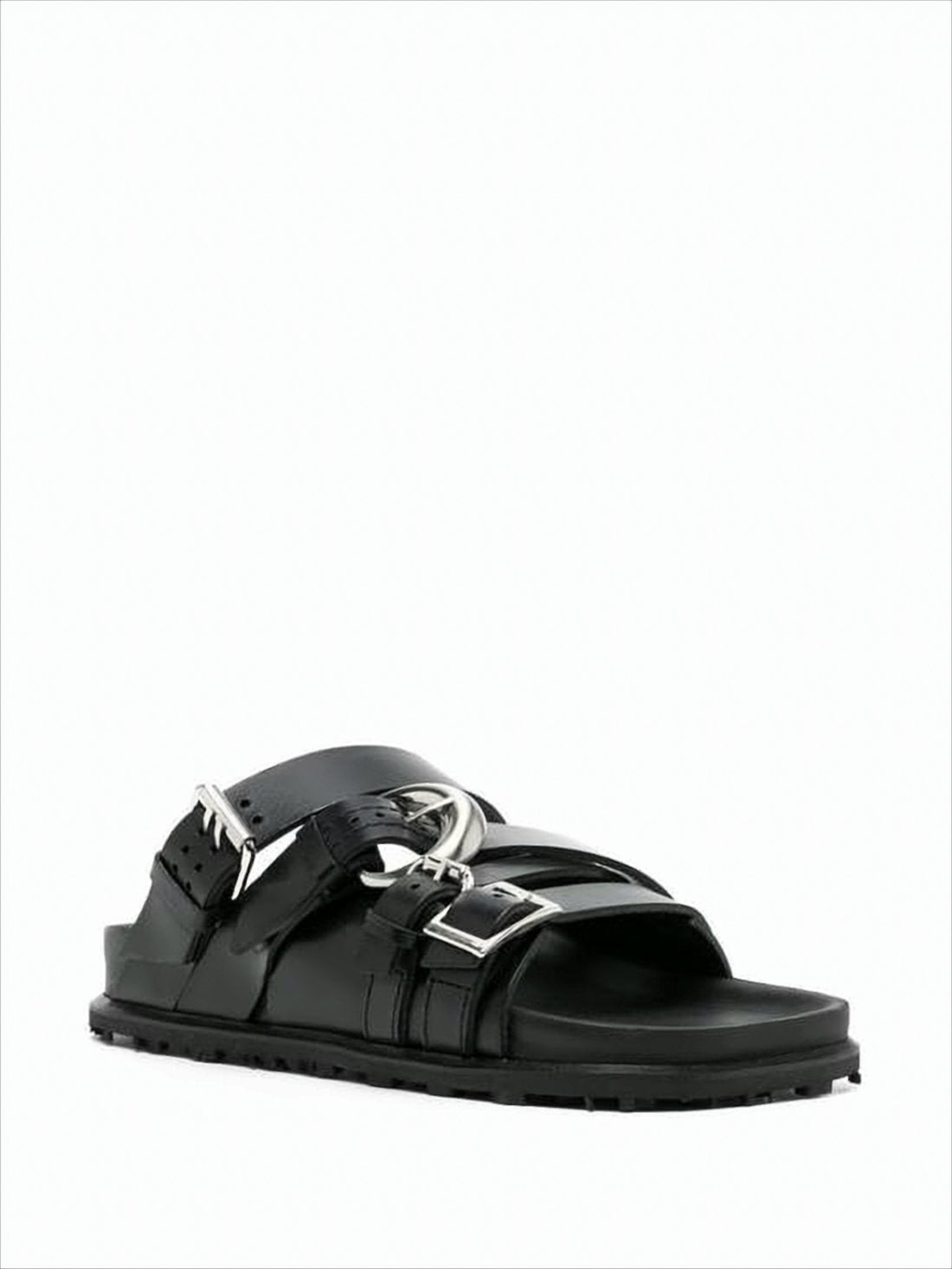 Black Leather Mule Sandal with Metallic Accents