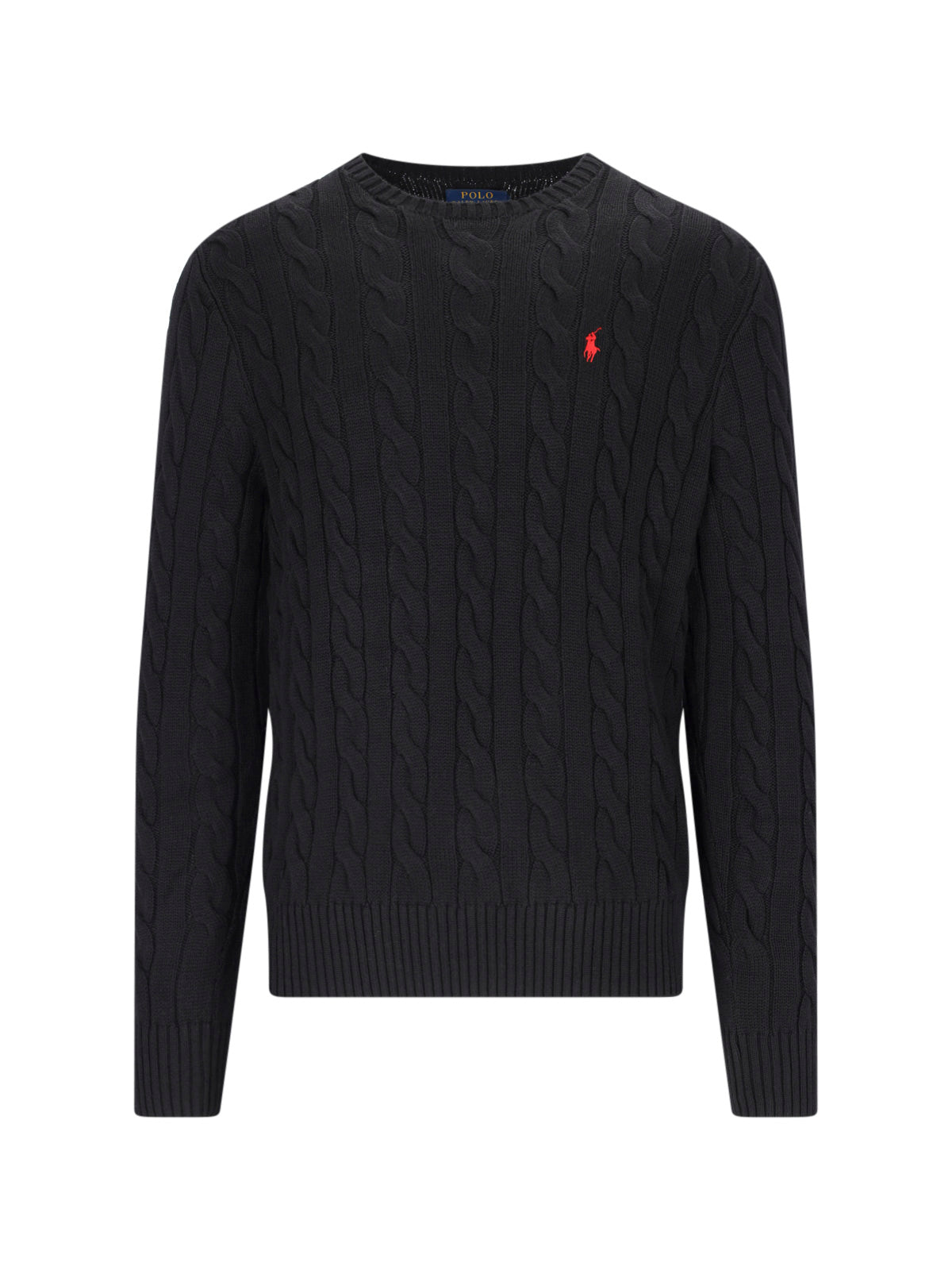 Cable Knit Cotton Sweater With Red Logo Embroidery