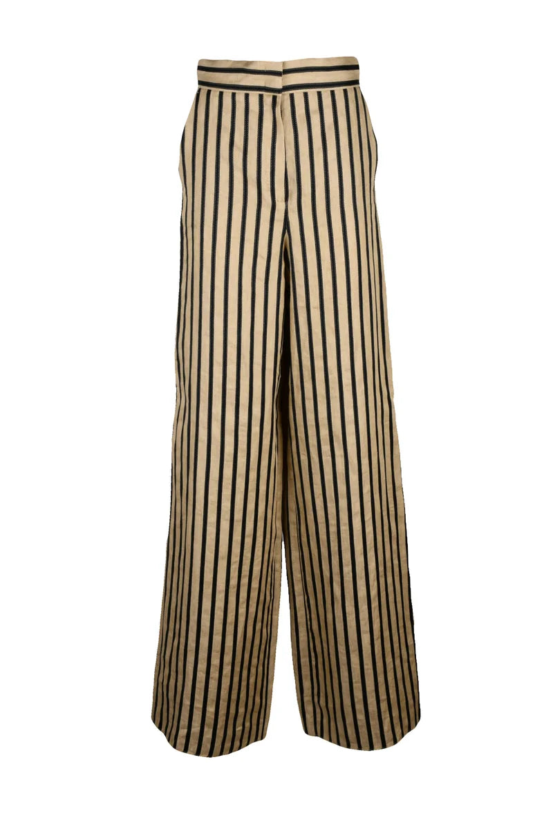 Wide Leg Cestino Trousers Linen/Cotton - Beige/Black