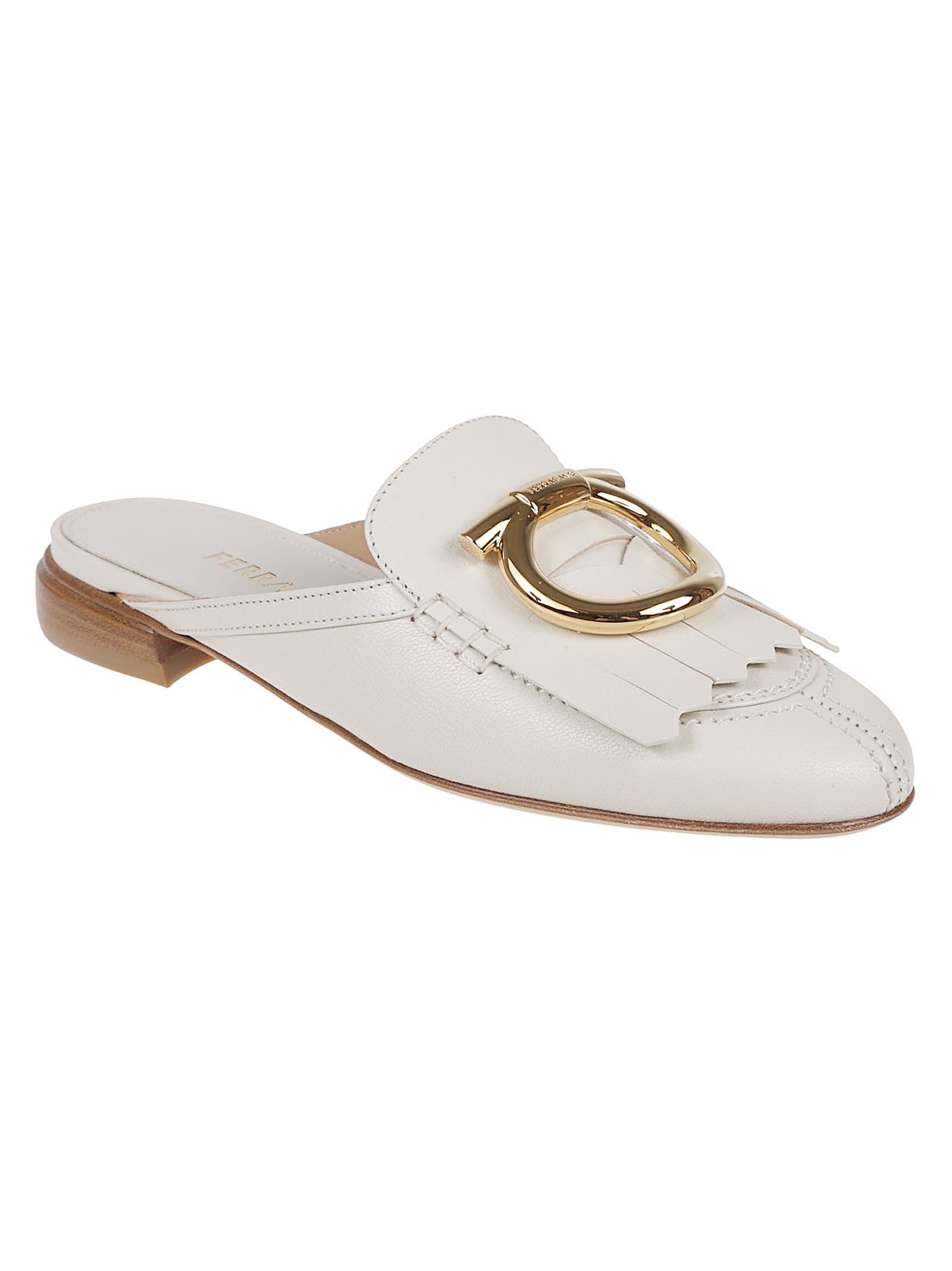 Ivory Leather Slip-On Sandals with Gold Gancini Detail