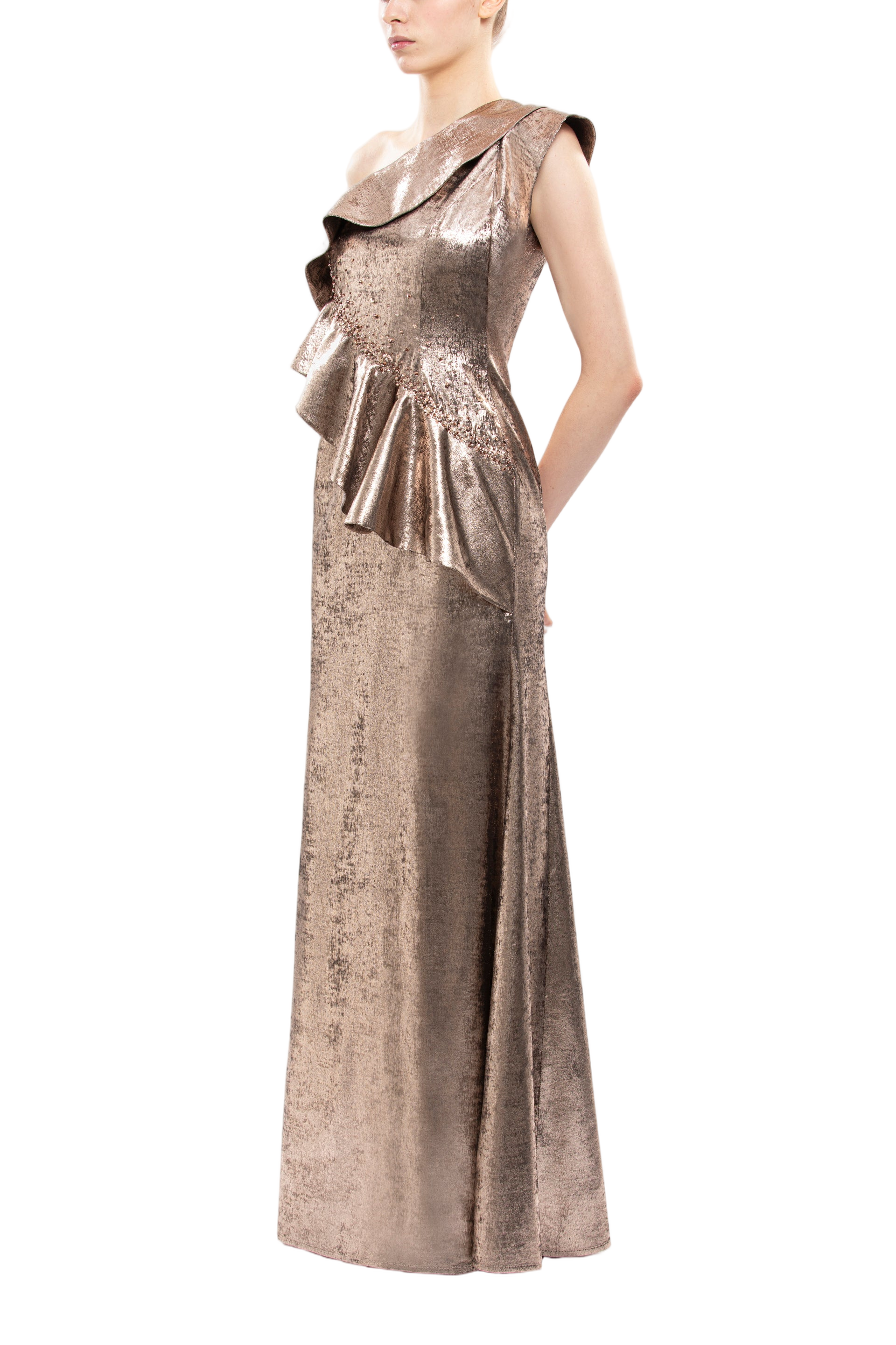Embellished One-Shoulder Lamé Dress