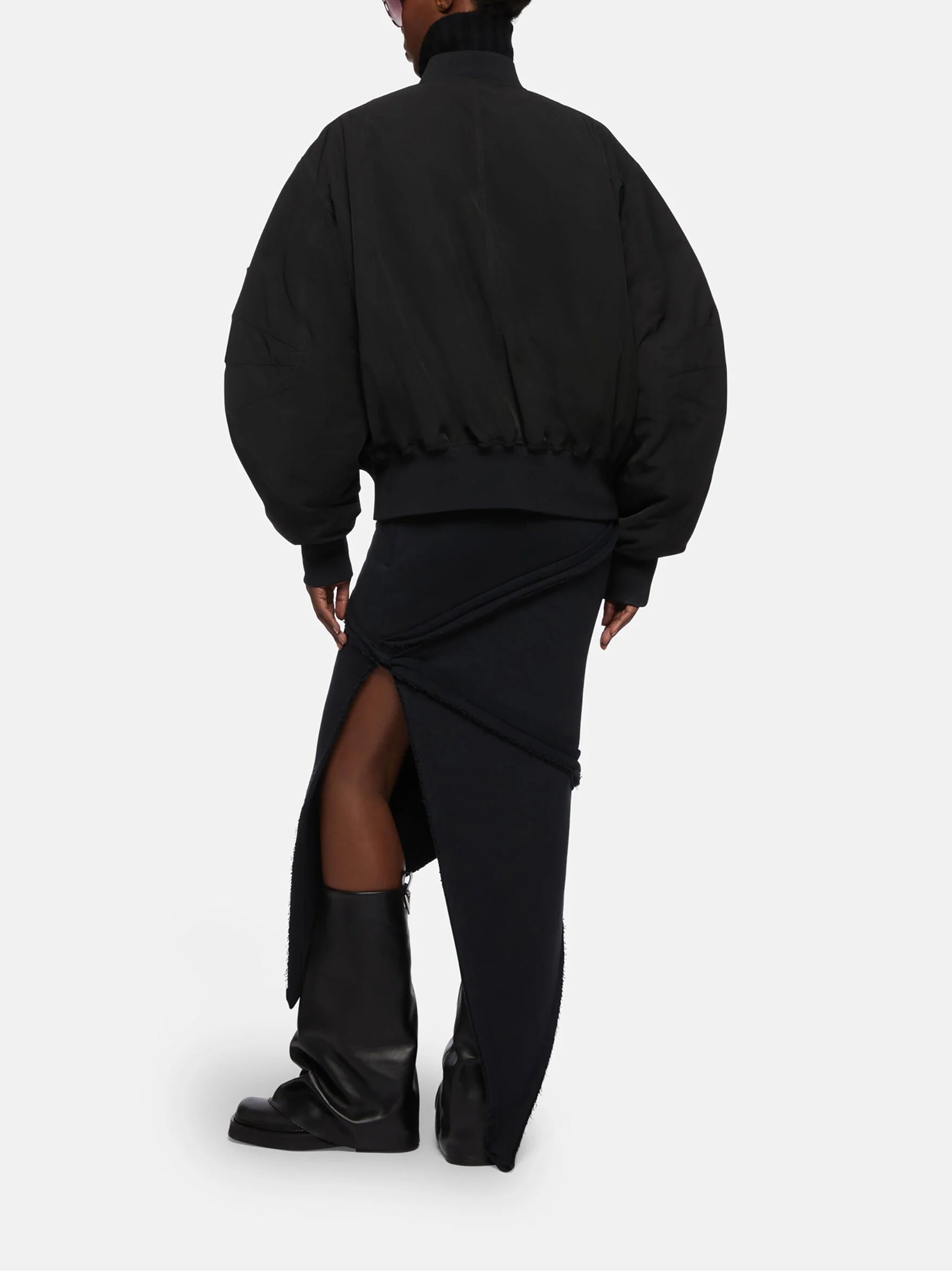 Black Bomber Cropped Balloon-Sleeve Jacket