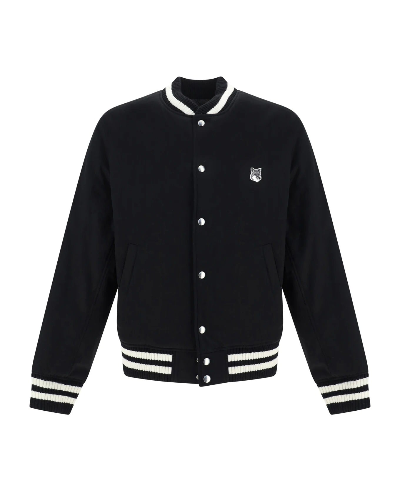 Black Bomber Jacket With Silver Snap Buttons And Emblem