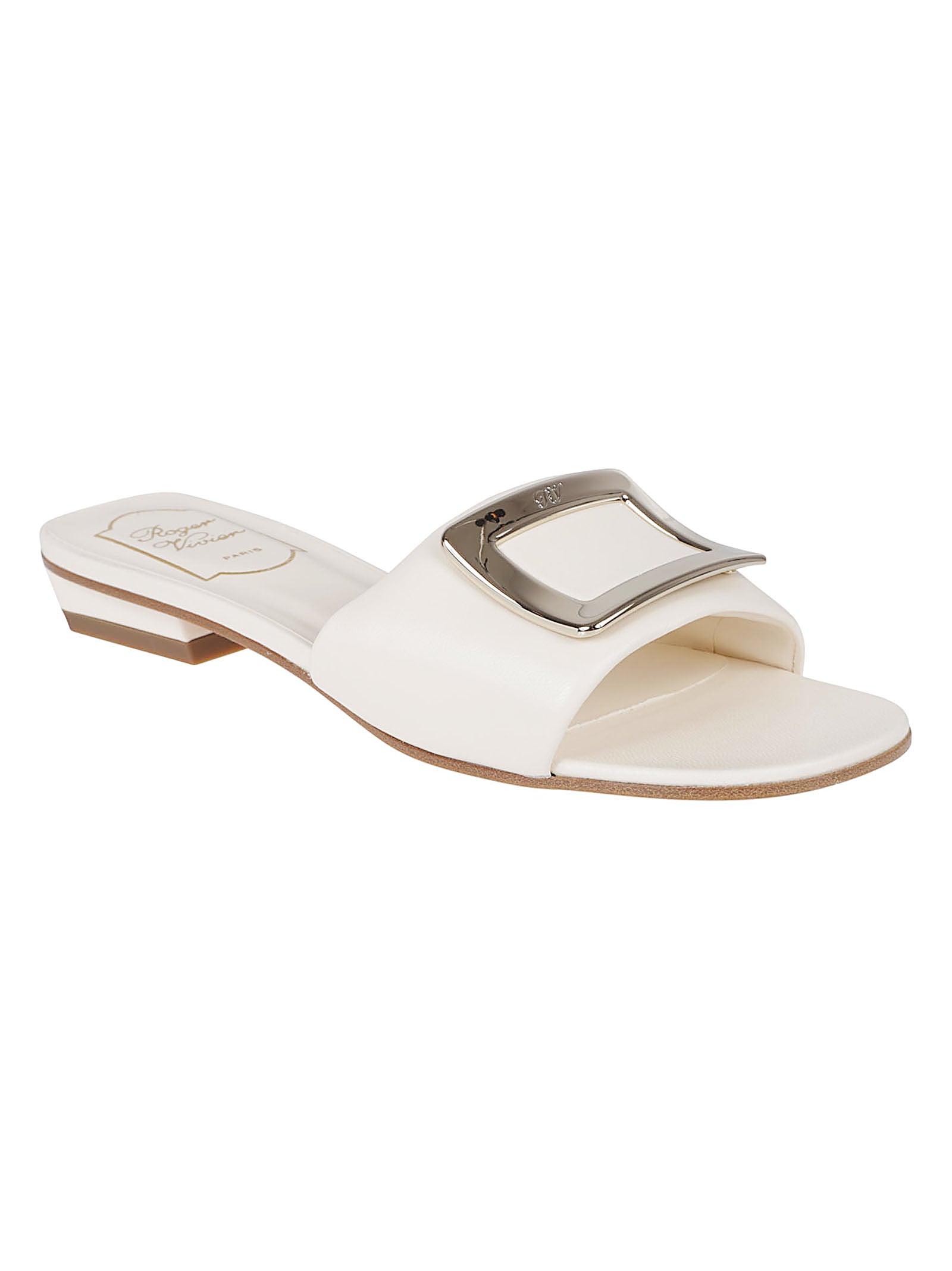 White Lambskin Sandals With Metallic Buckle