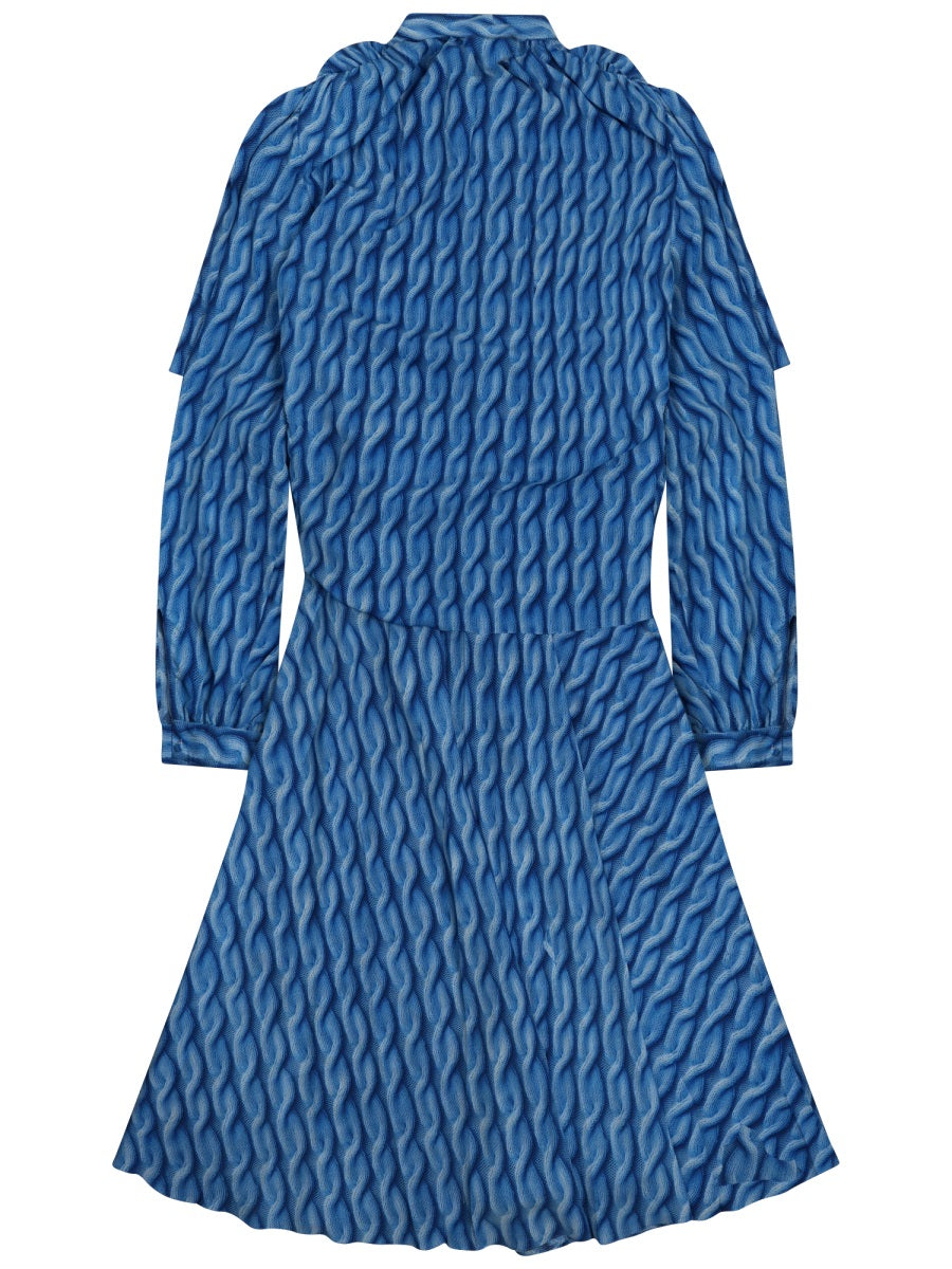 Textured Wave Print Midi Dress With Fitted Waist