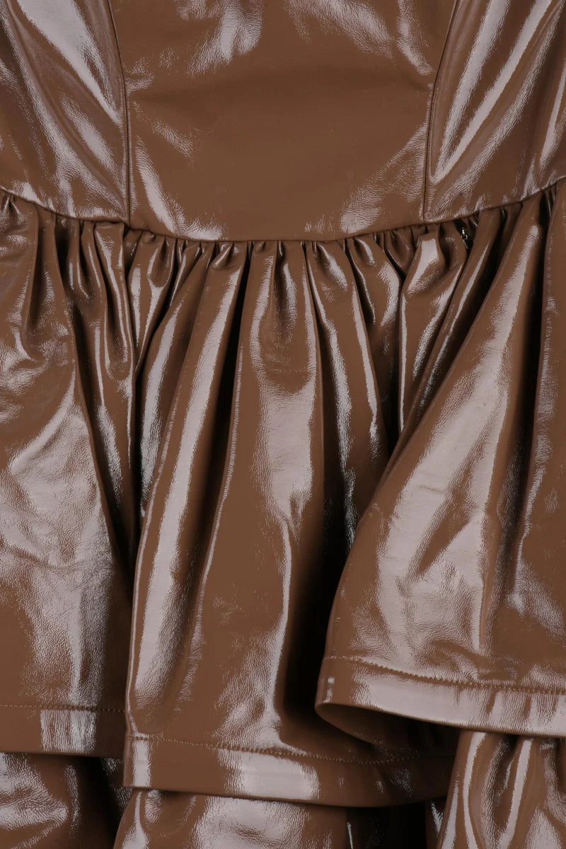 Short Faux Leather Dress Heart Neckline - Chocolate