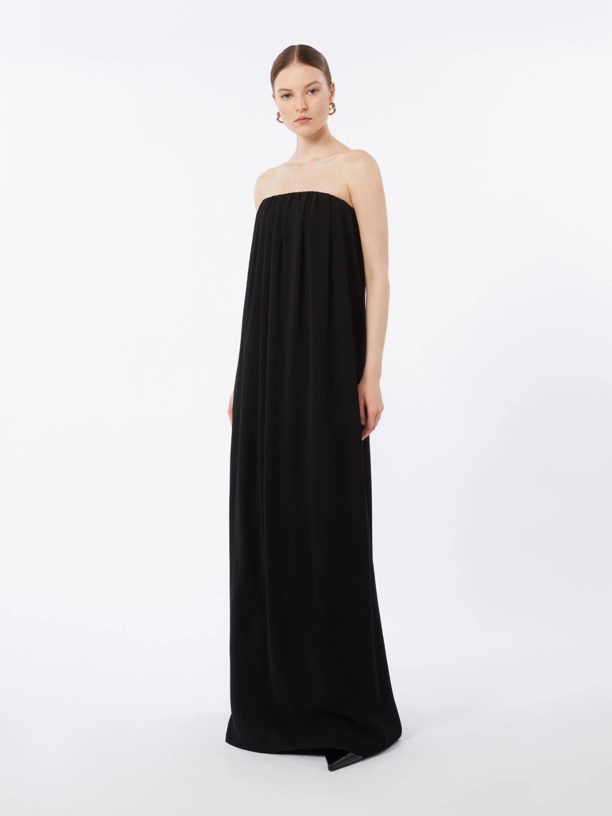 Strapless Black Maxi Dress with Gathered Neckline