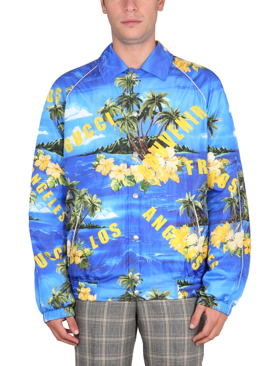 Nylon Jacket With Tropical Print And Yellow Accents