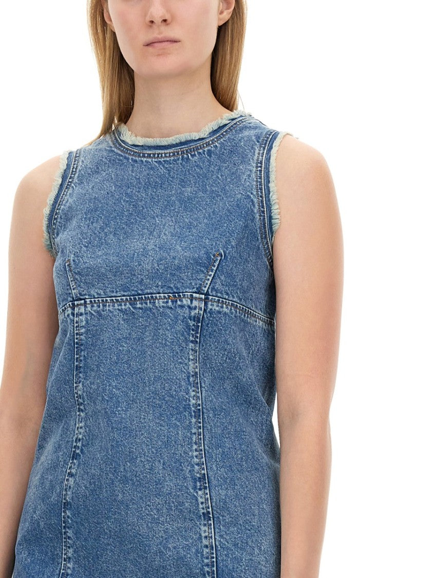 Sleeveless Fitted Denim Dress With Frayed Hem