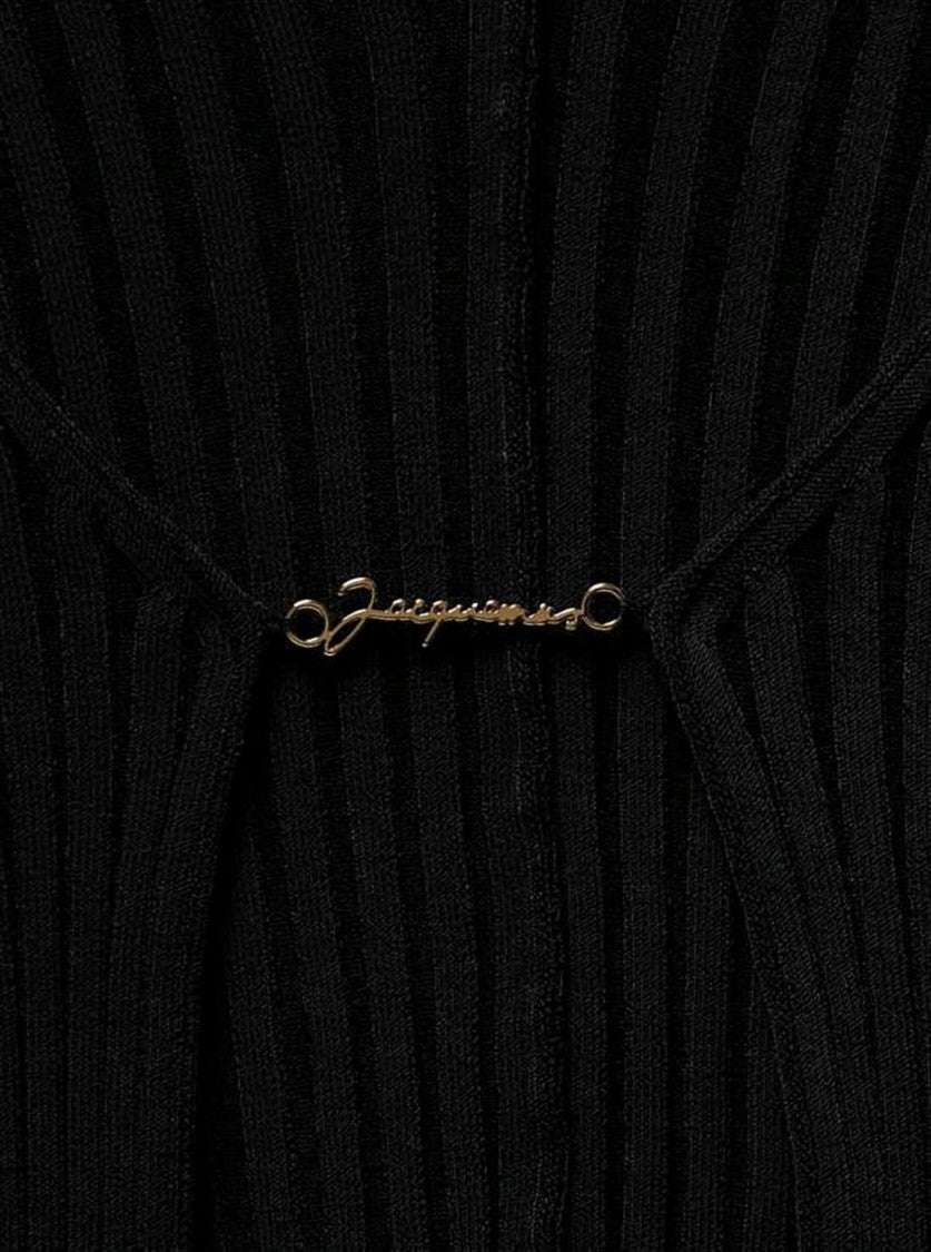 Ribbed Knit Cardigan With Deep V-Neckline And Gold-Tone Clasp