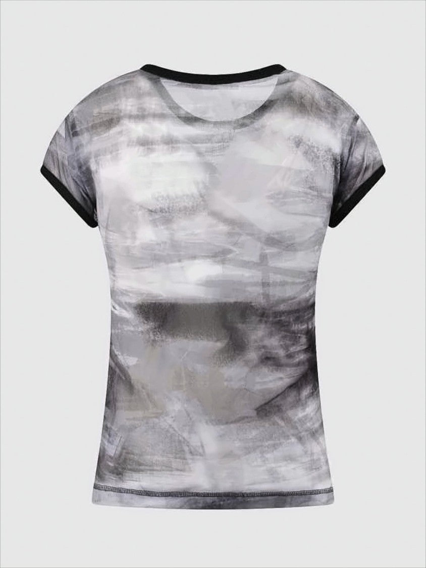 Semi-Sheer Short-Sleeved Top with Abstract Smoky Pattern