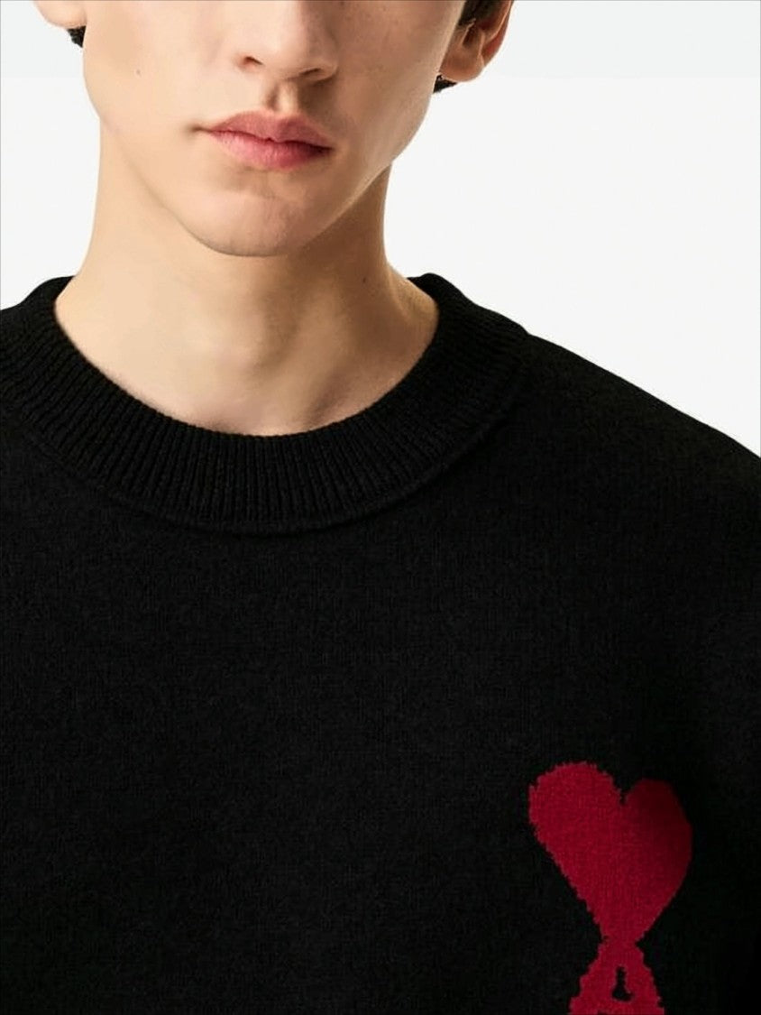 Relaxed Fit Black Wool Sweater With Heart Emblem