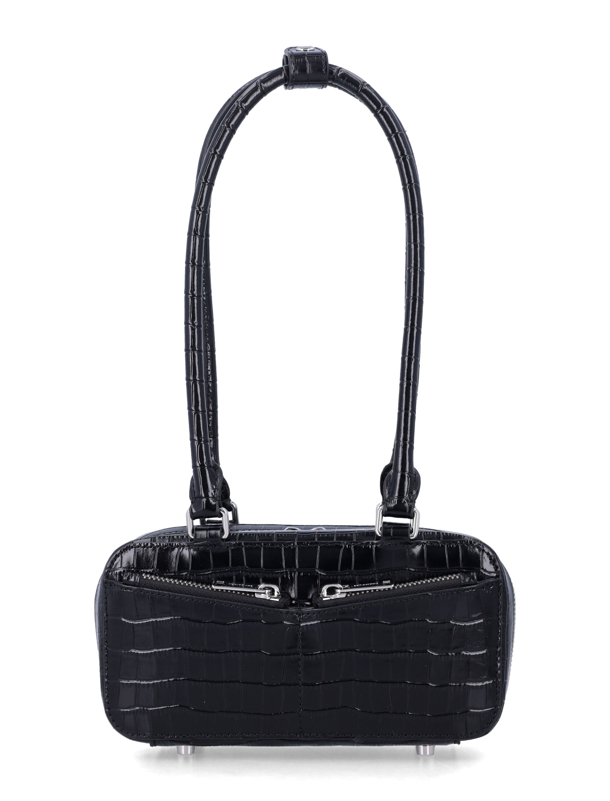 Compact Black Croc Mini Shoulder Bag With Front Zip Pockets