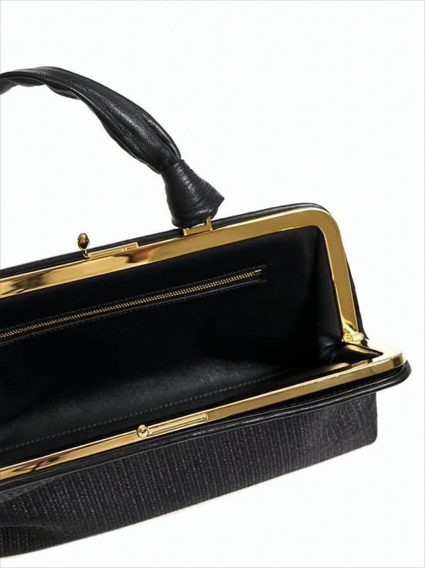 Textured Black Tote Bag with Gold-tone Clasp