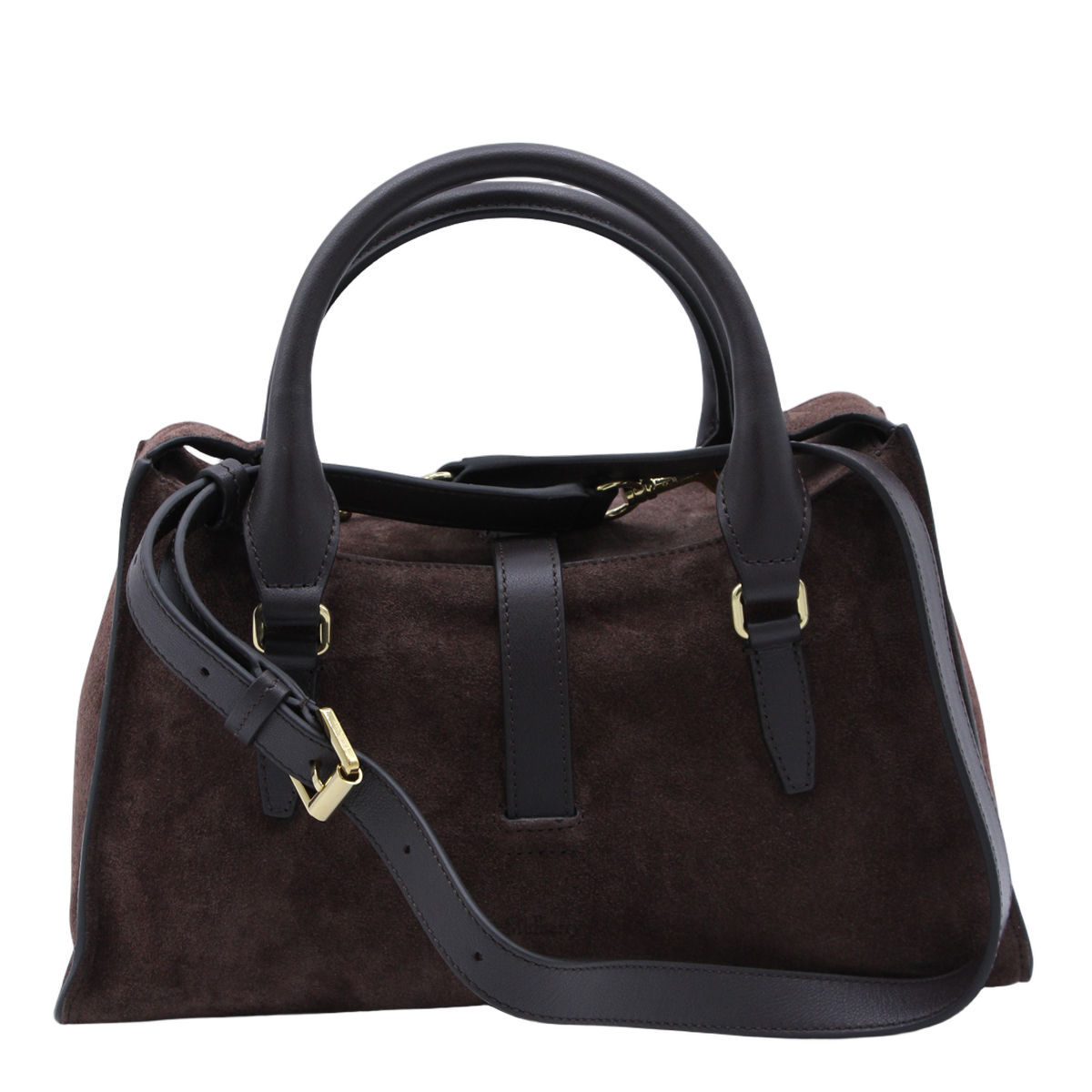 Structured Brown Suede Handbag With Gold-Tone Accents
