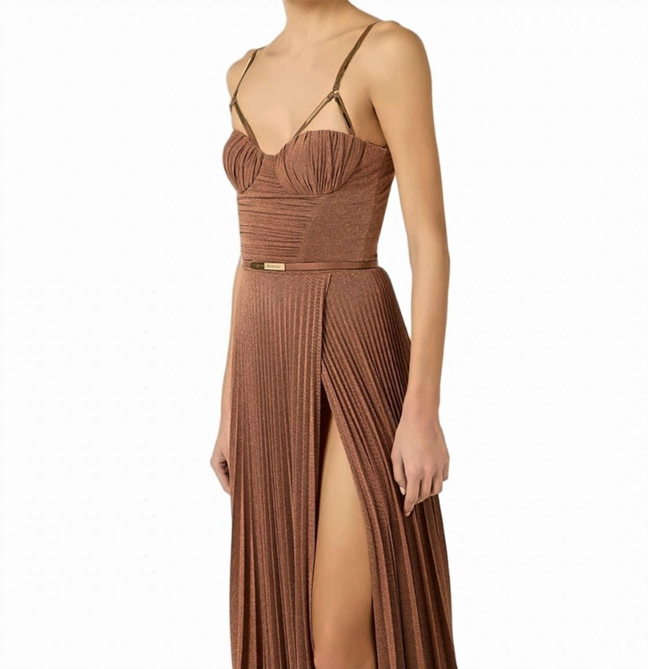 Lamé Jersey Belted Evening Dress