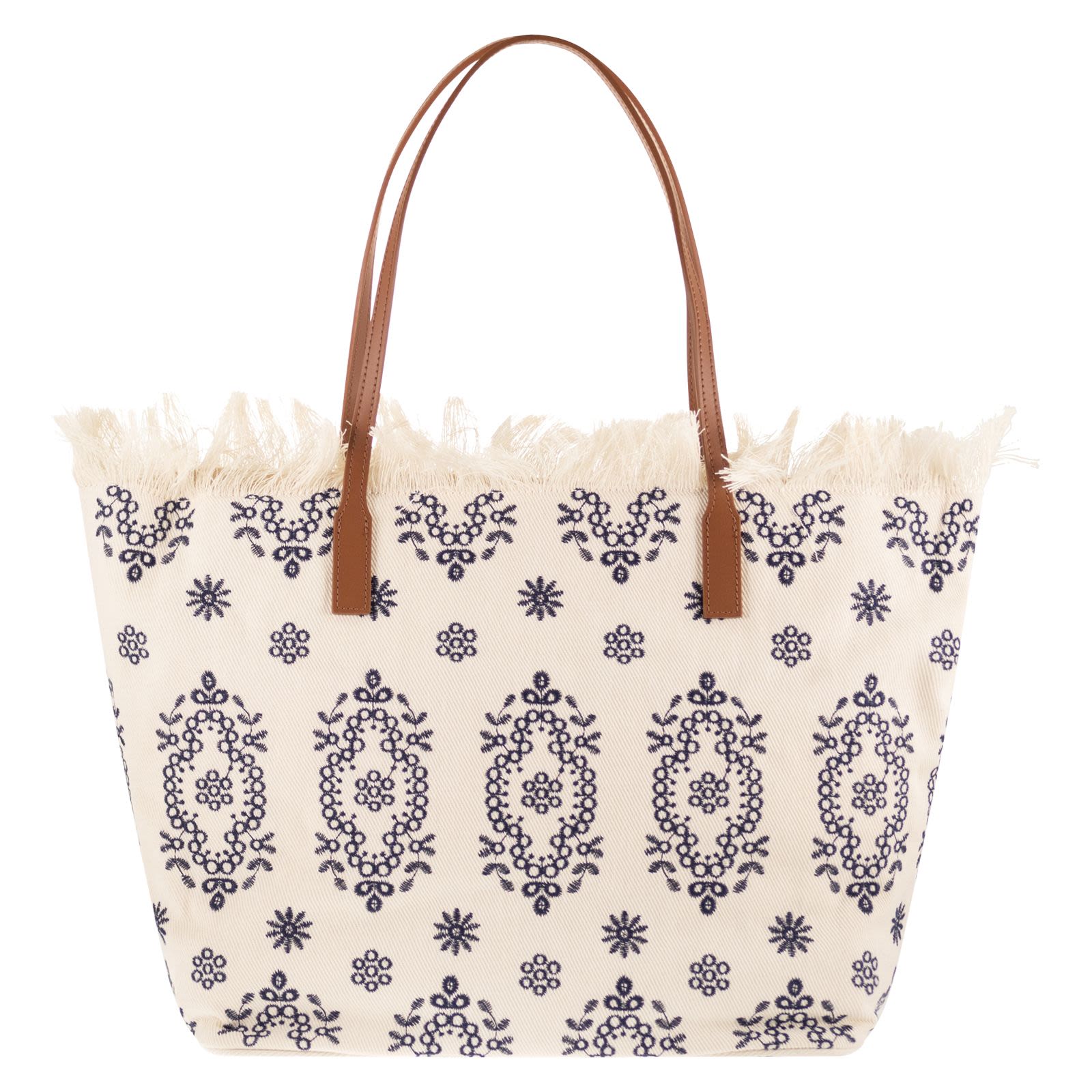 Spacious Cream Tote Bag with Navy Embroidery