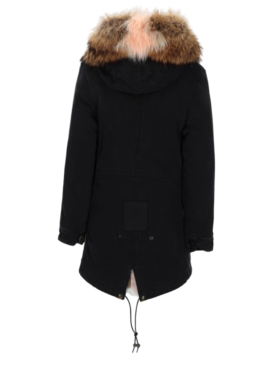 Black Parka With Adjustable Drawstring And Fishtail Design