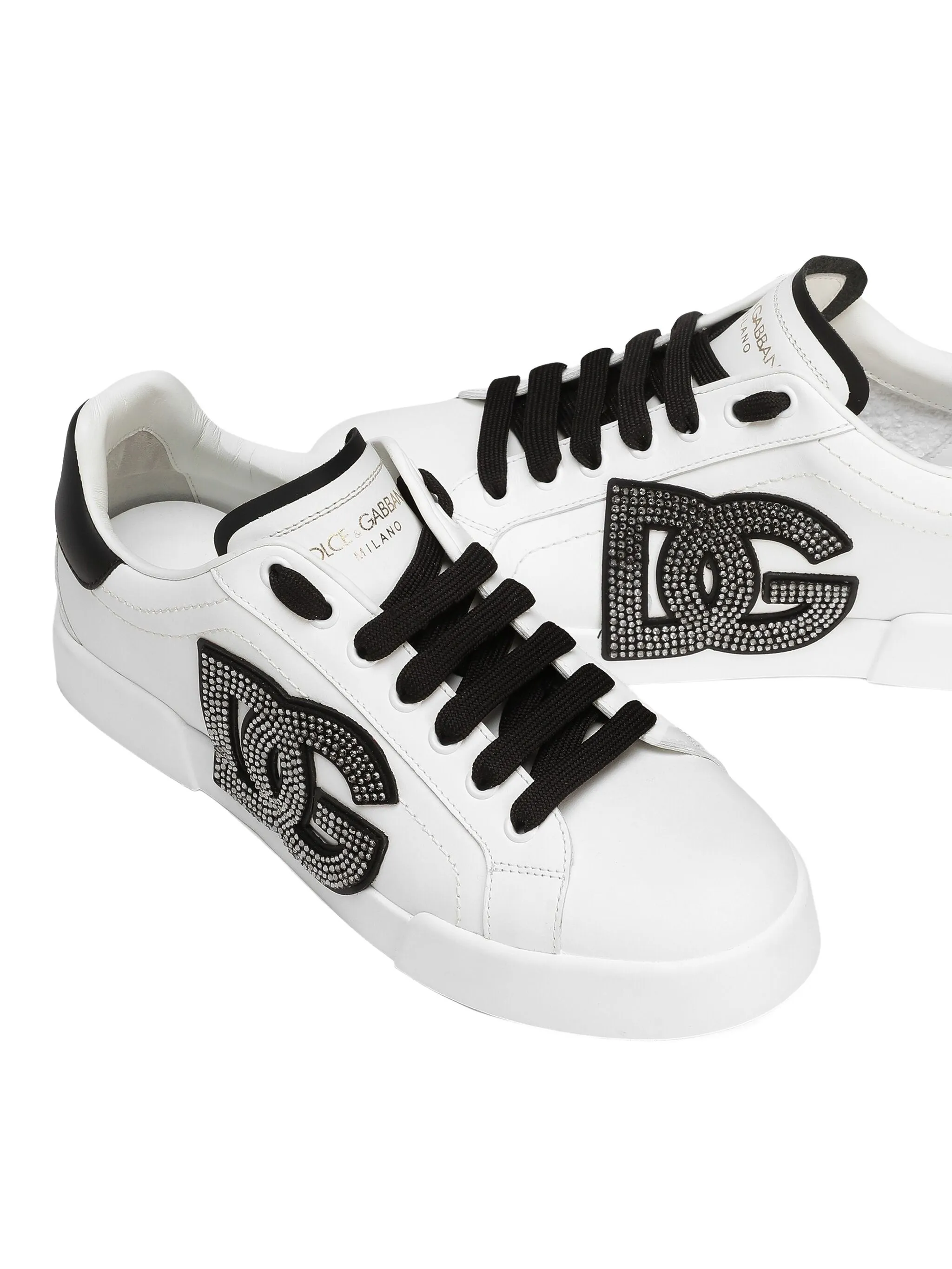White Low-top Leather Rhinestone Logo Sneakers