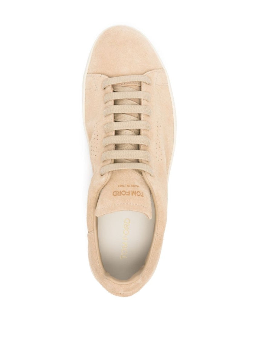 Beige Suede Sneakers With Perforated Logo Detail