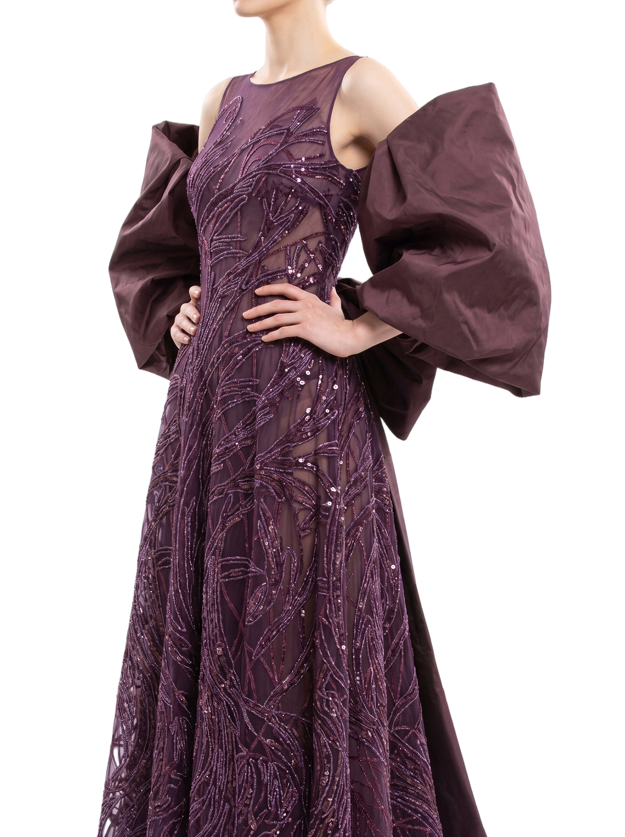 Bateau Neckline Embroidered Long Dress With Oversized Cape