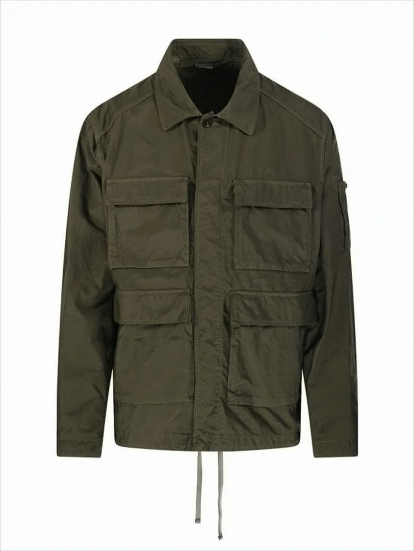 Utilitarian Green Jacket With Classic Collar And Adjustable Drawstrings