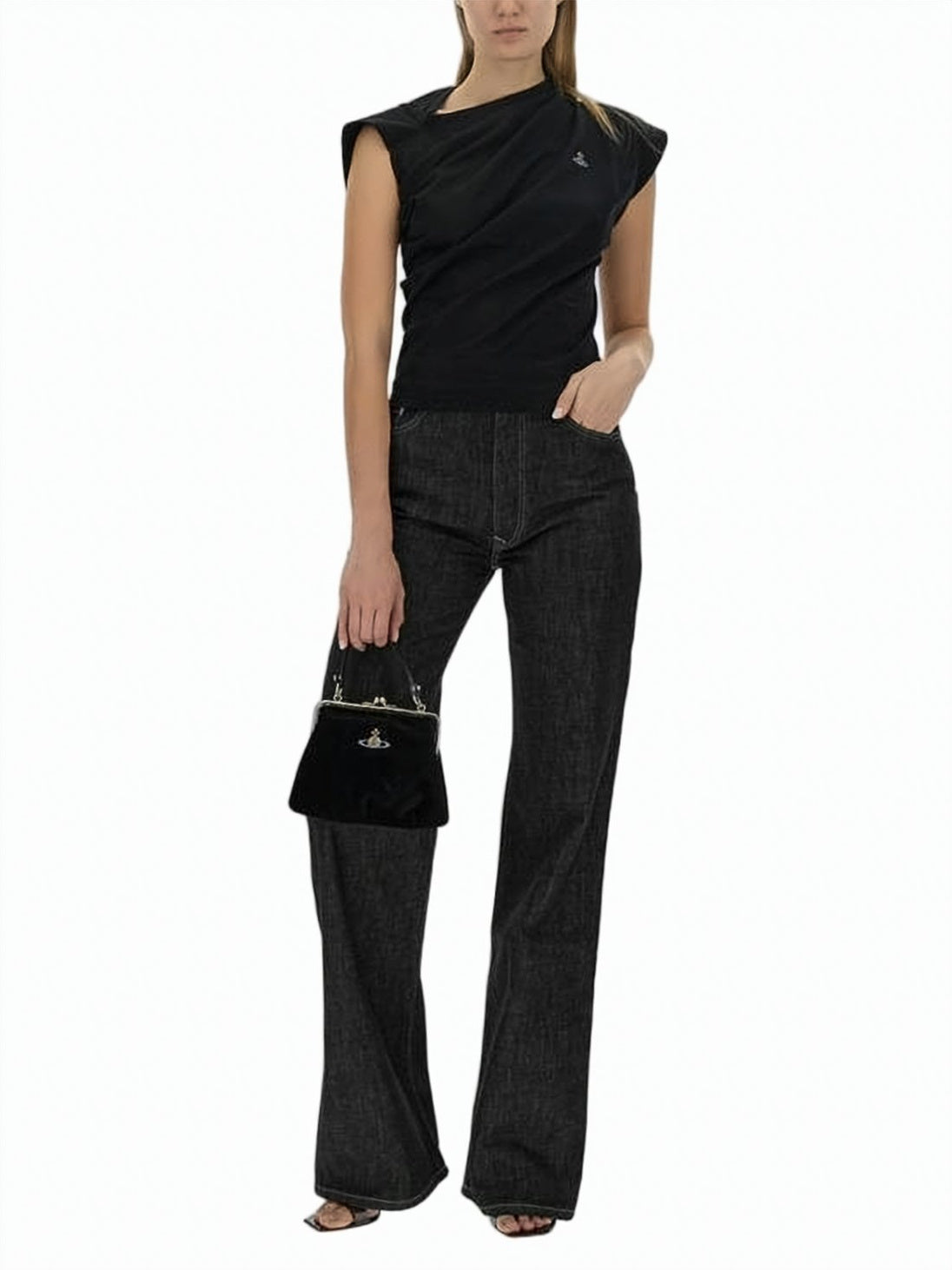 Structured Black Short-Sleeved Top with Padded Shoulders