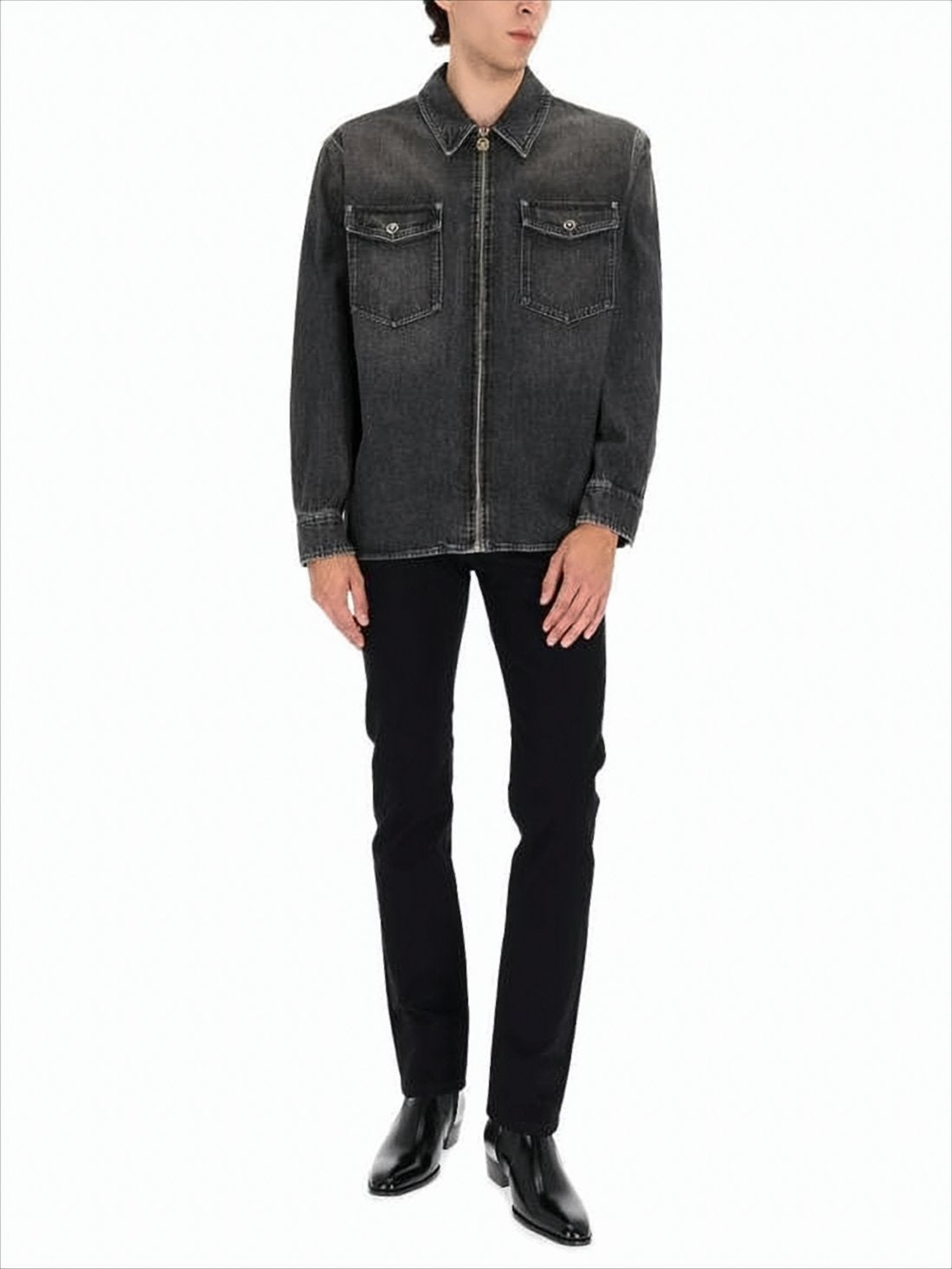 Washed Black Denim Long-Sleeve Versace Shirt