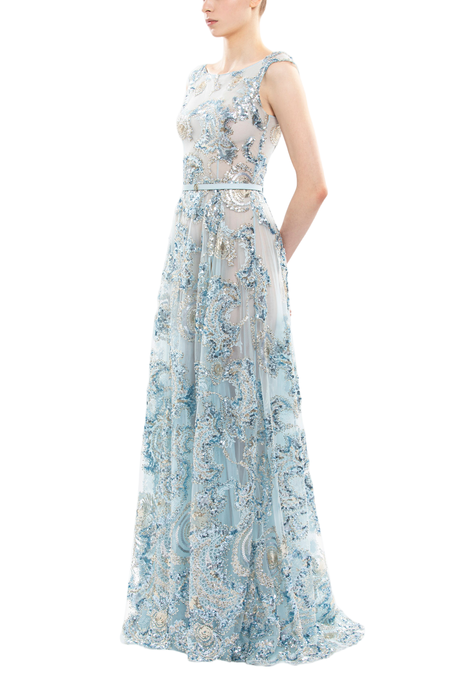 Embroidered Tulle Long Dress