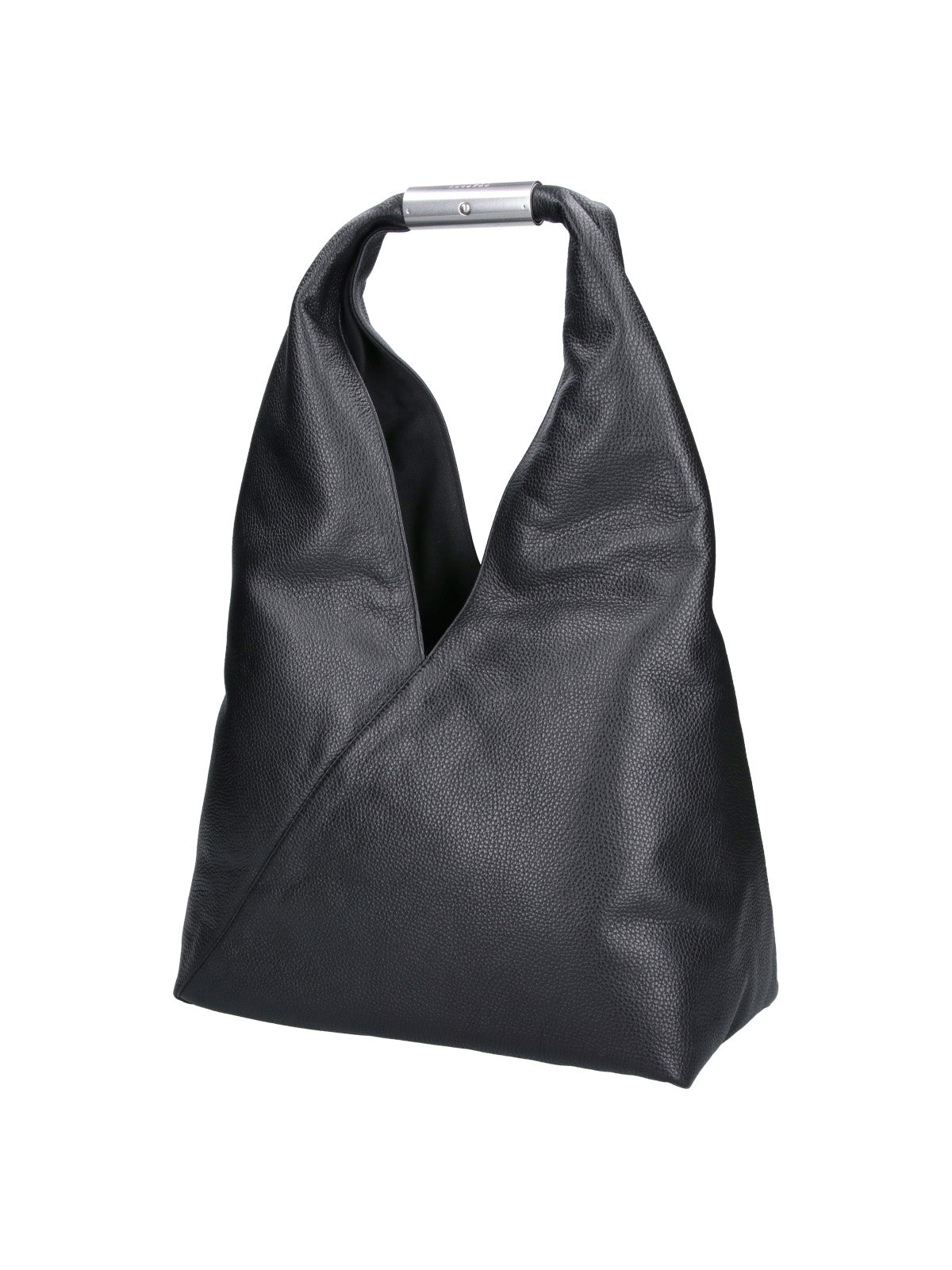 Black Triangular Pebbled Leather Silver Handle Handbag