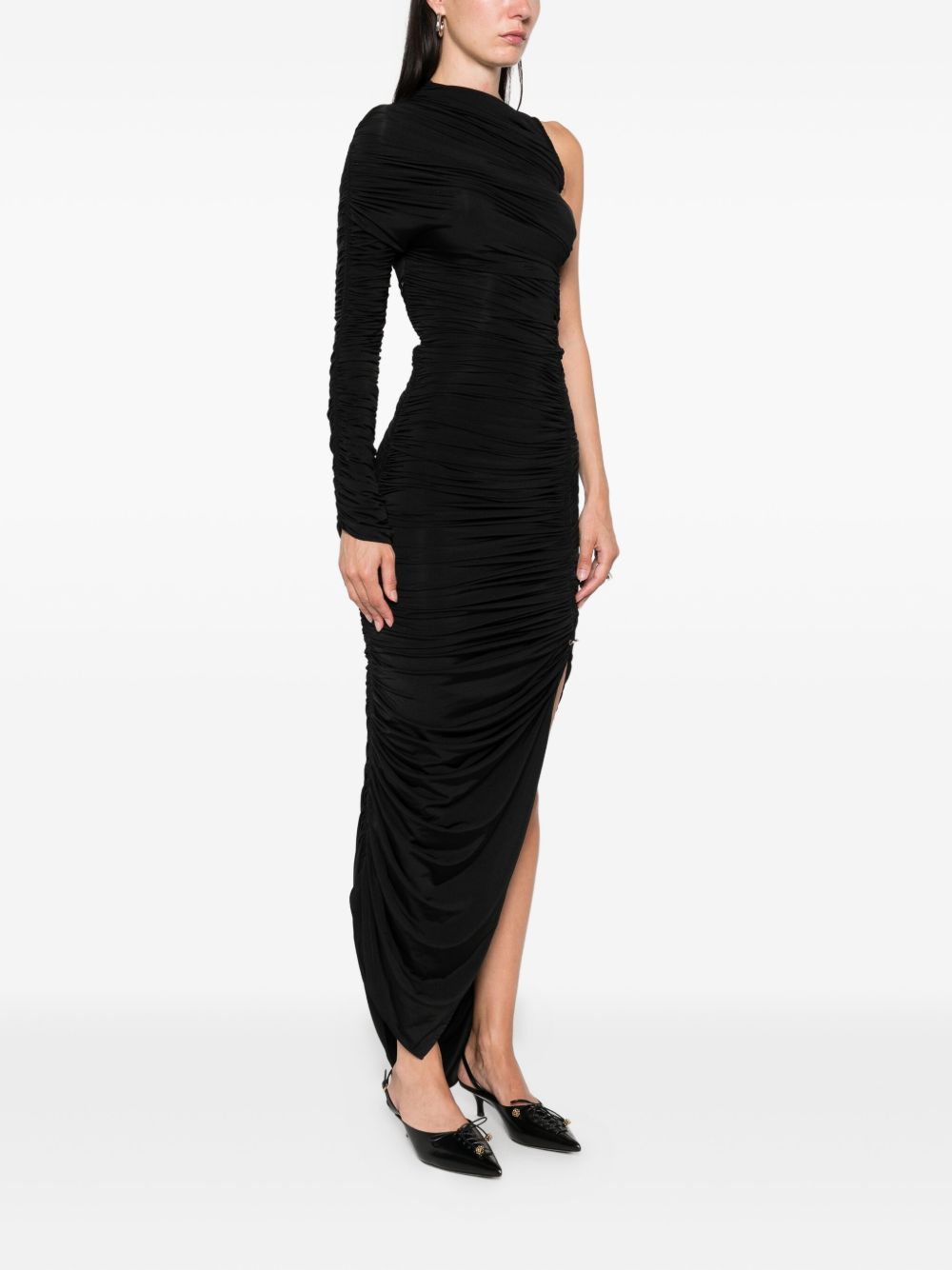 Draped One-Sleeve Black Evening Dress