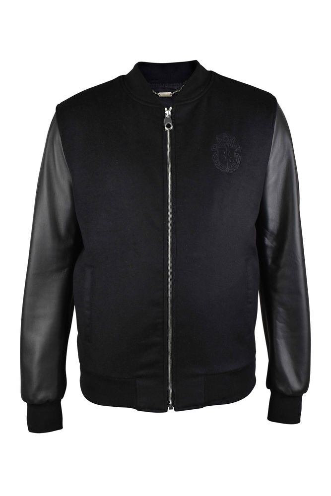Two-Material Bomber Jacket with Leather Sleeves