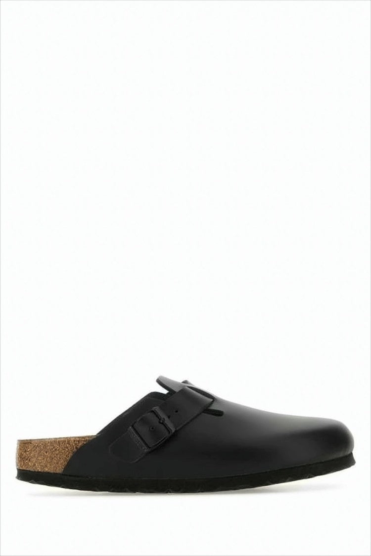 Minimalist Black Leather Mule with Adjustable Buckle