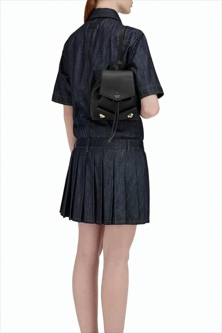 Structured Black Calf Leather Backpack with Flap Closure