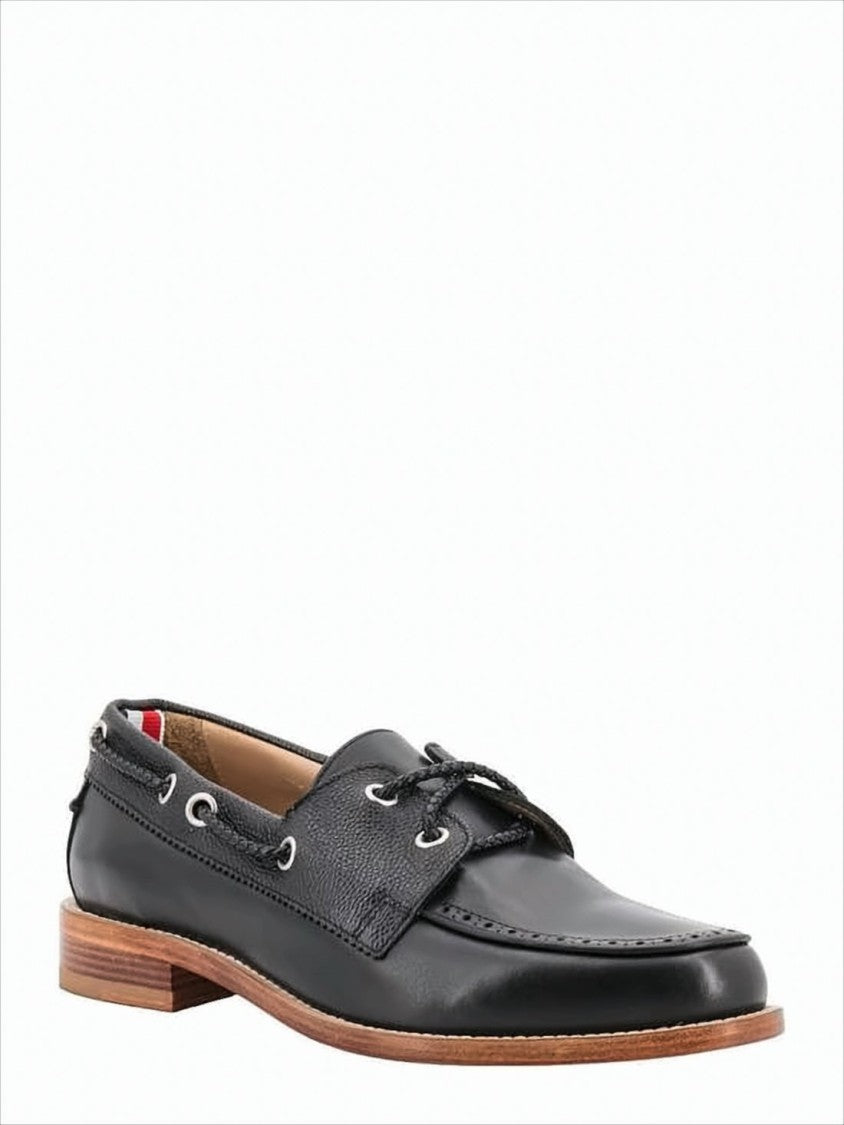 Polished Black Leather Loafers with Moc Toe Design and Lace Detail