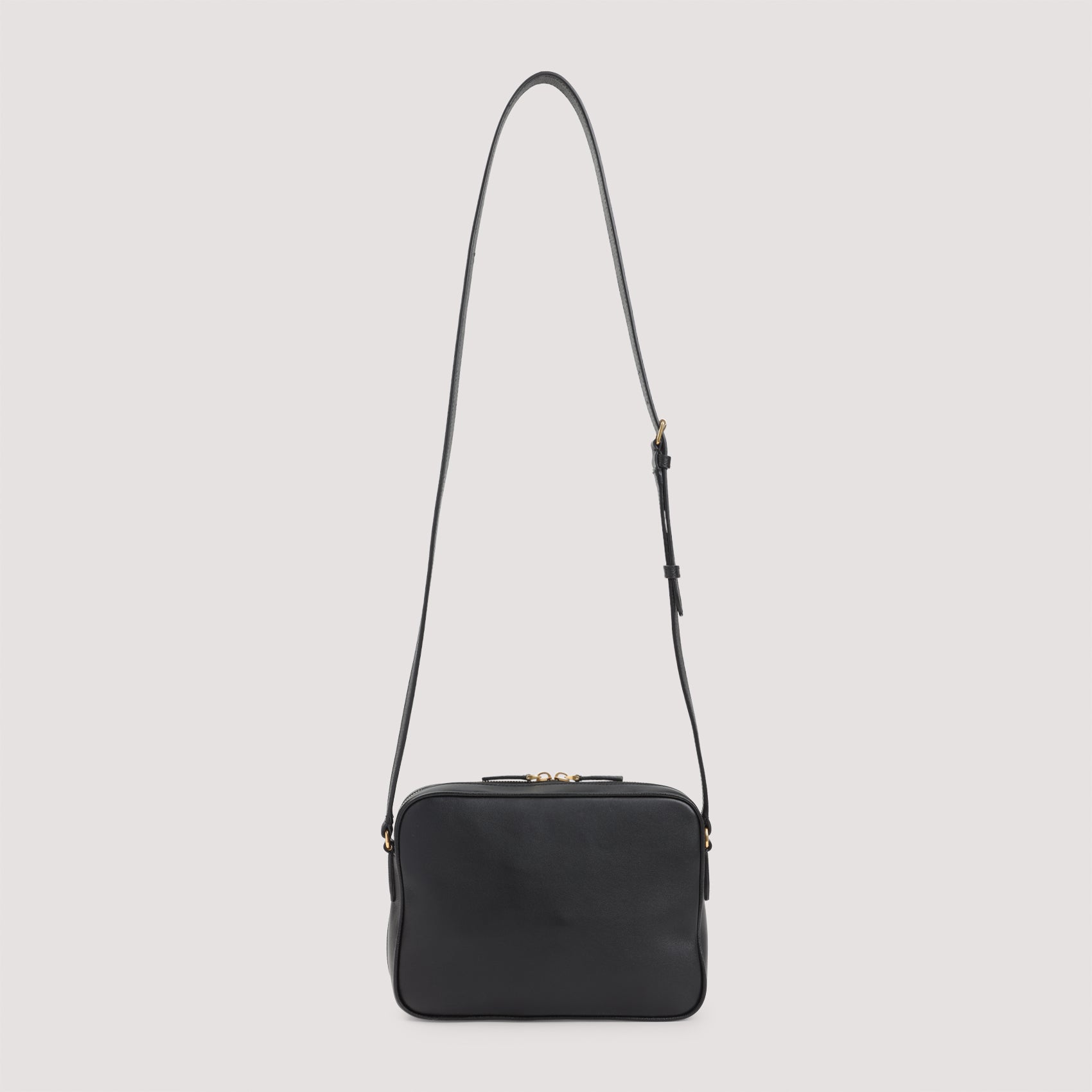 Rectangular Black Leather Crossbody Bag With Gold Accents