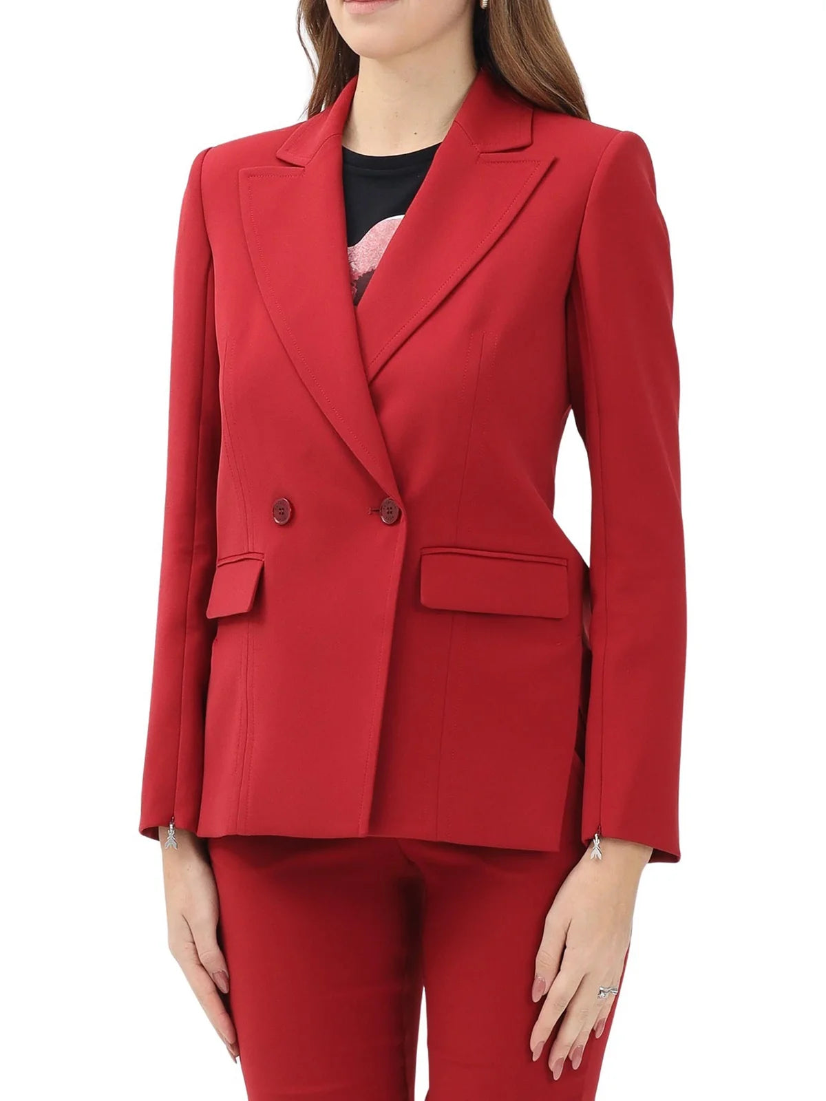 Red Polyester Elastane Double-Breasted Jacket