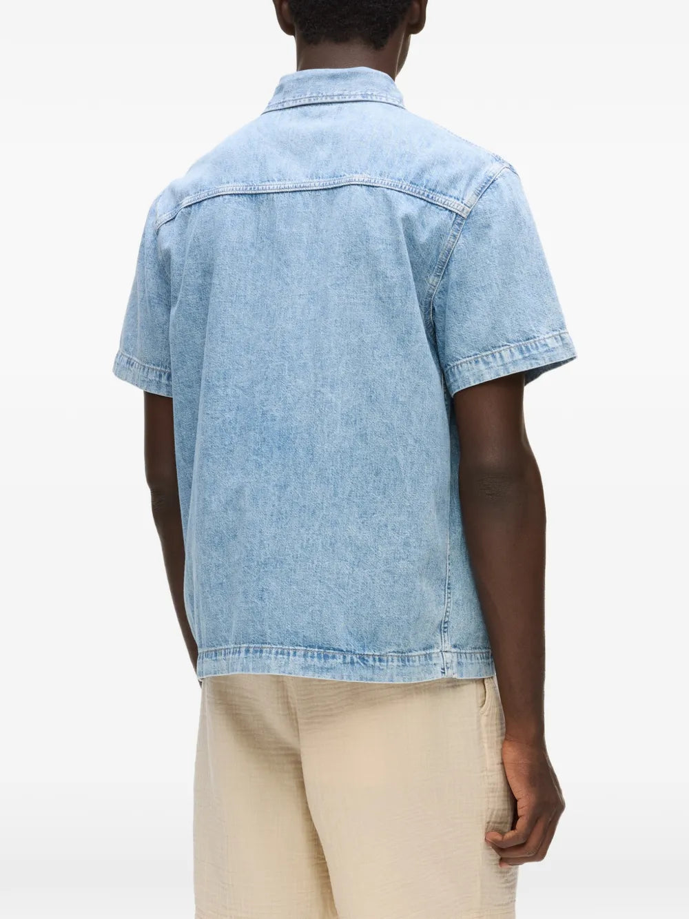 Light Blue Denim Short-Sleeve Shirt with Classic Collar