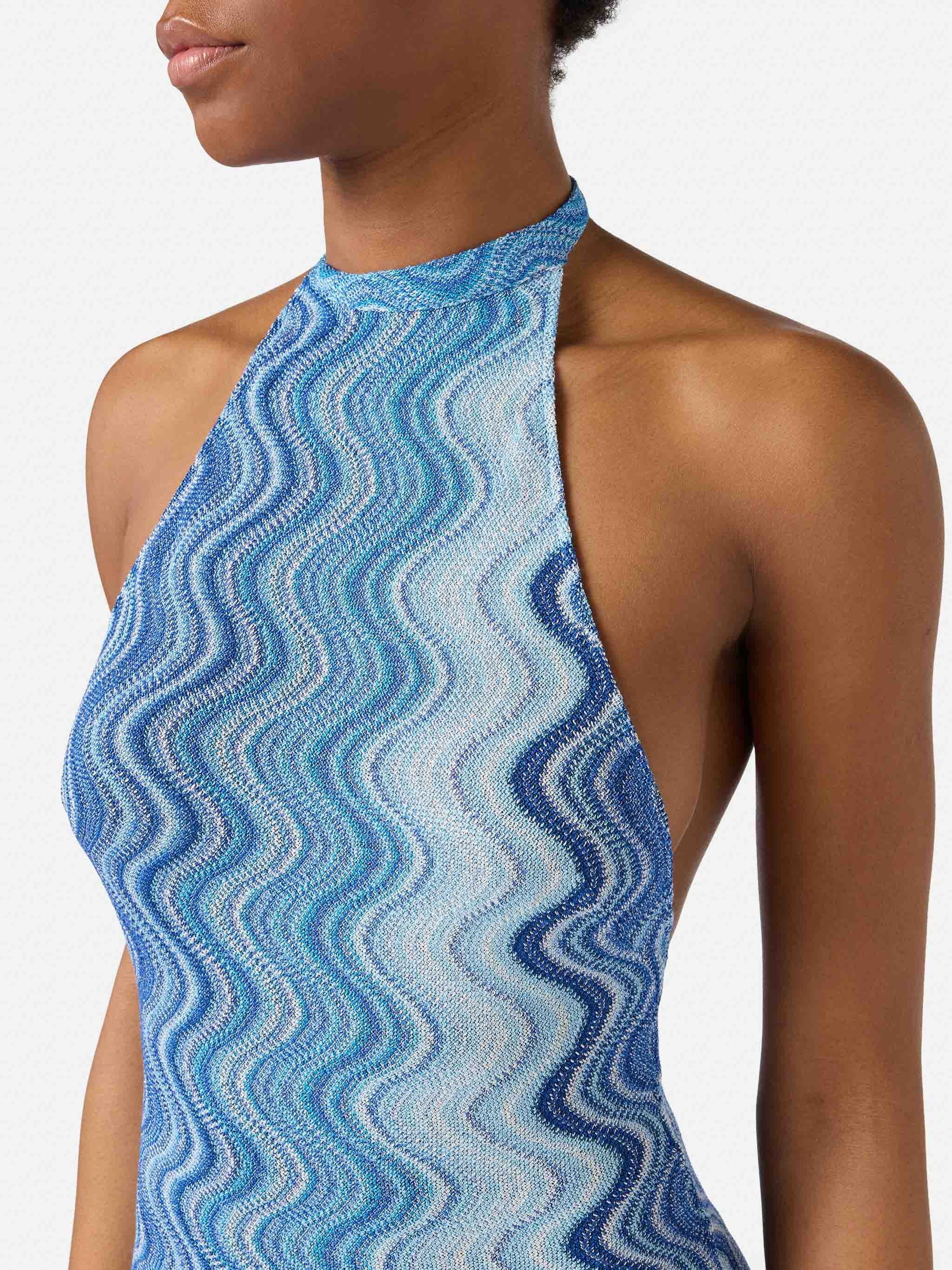 Wavy Abstract Pattern Maxi Dress with Halter Neckline