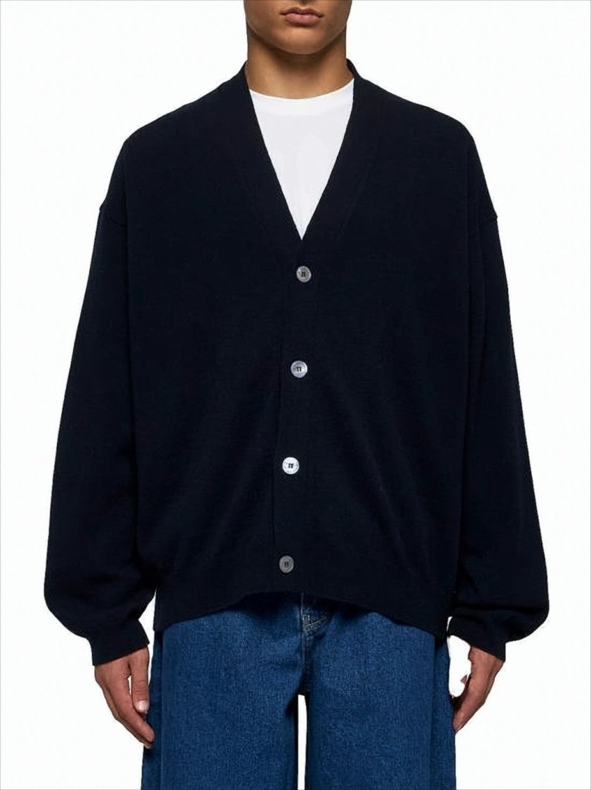 Relaxed Fit Wool Cardigan with Deep V-Neck