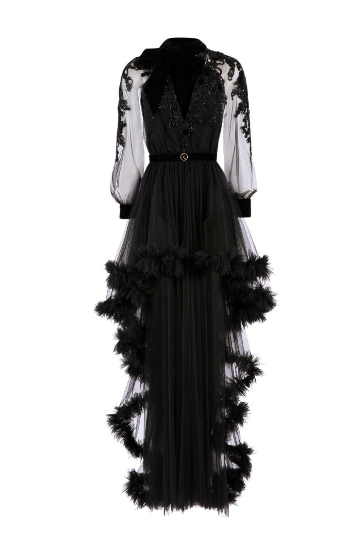 Embroidered Tulle Dress With Ruffles