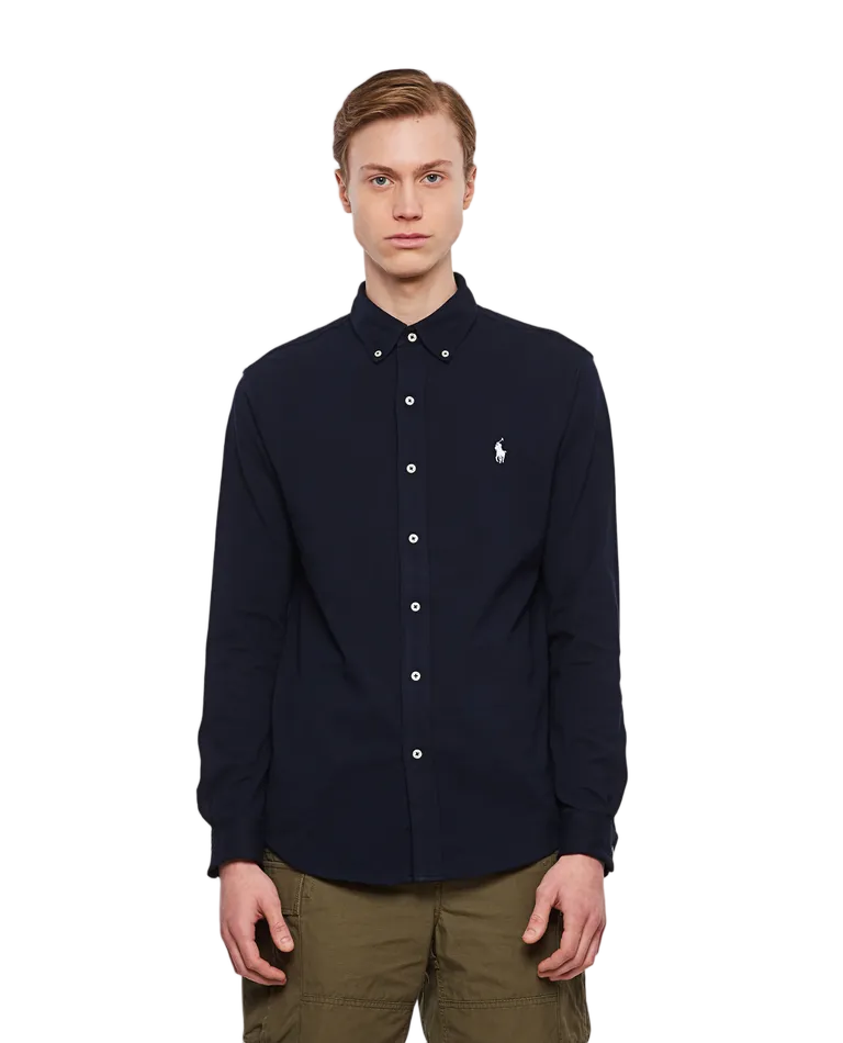 Navy Blue Long-Sleeve Knit Shirt With Button Details